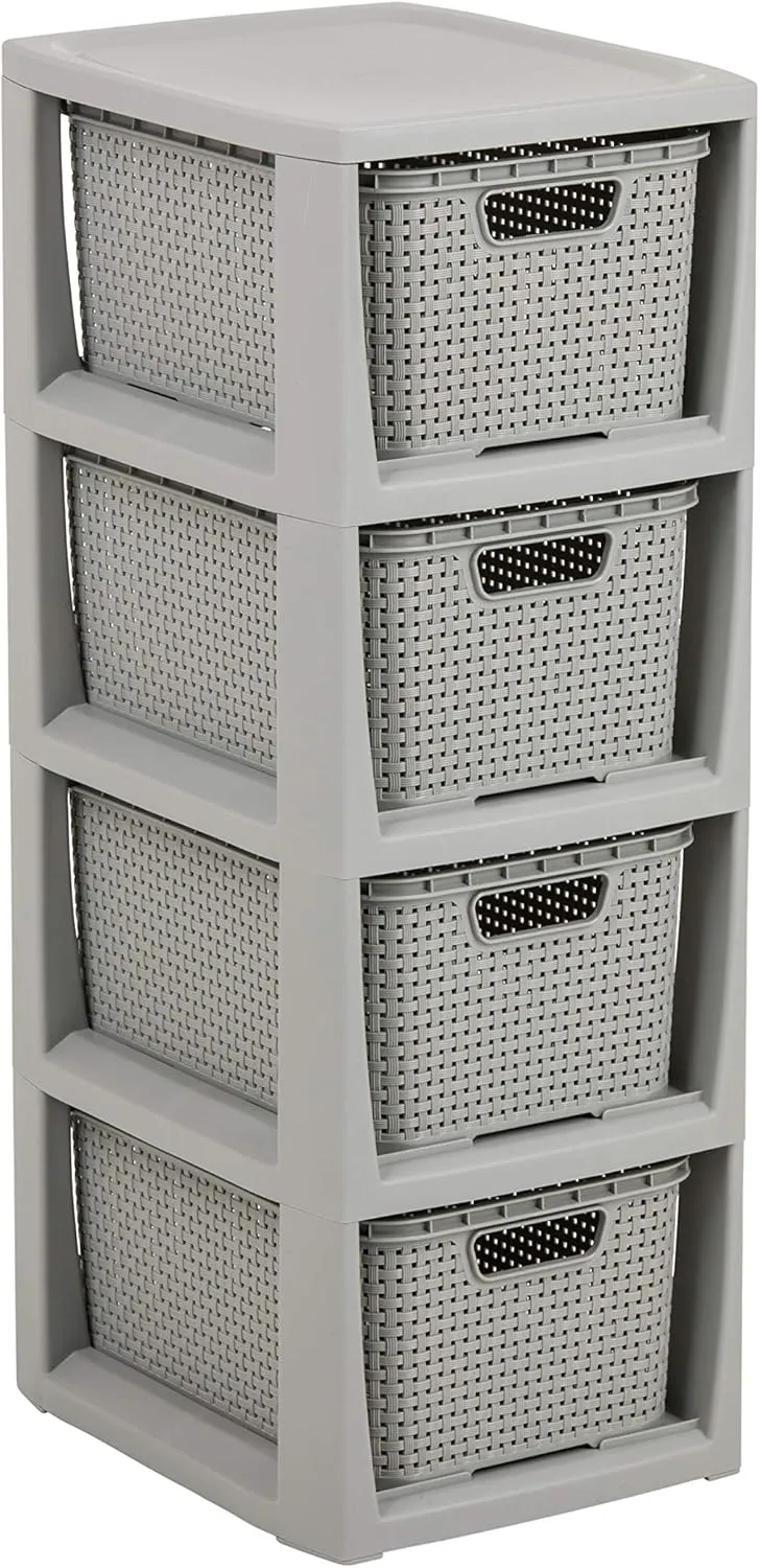 Bild von BranQ Regal im Rattan Design aus BPA-freiem Kunststoff in Hellgrau mit 4 Körben, Maße 29,5 x 24 x 64,2 cm