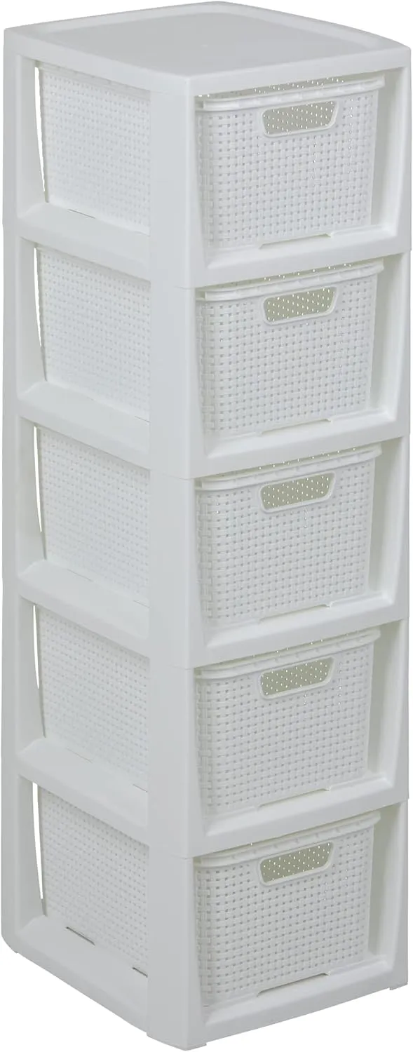 Bild von BranQ Regal im Rattan Design mit 5 Körben, aus BPA-freiem Kunststoff, in Weiß, Maße 29,5 x 24 x 80 cm