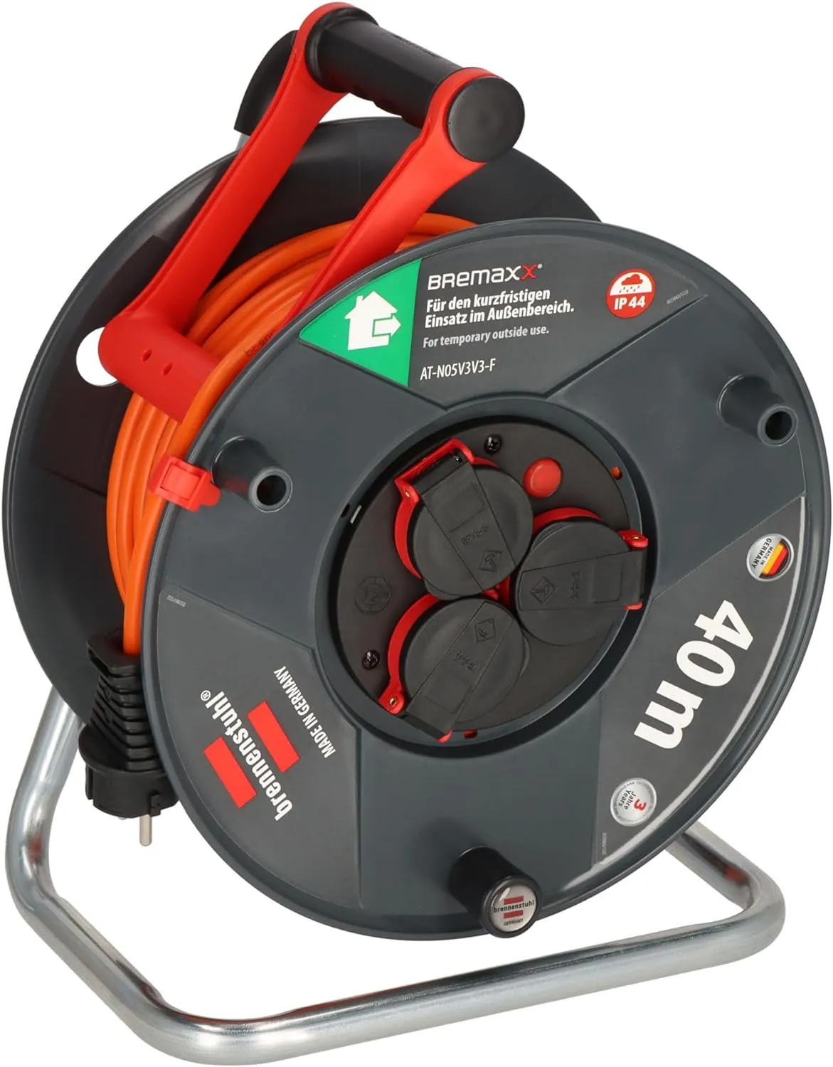Bild von Brennenstuhl Garant V2 IP44 Kabeltrommel mit 40 m Kabel für den Außenbereich in Signalfarbe orange, Made in Germany
