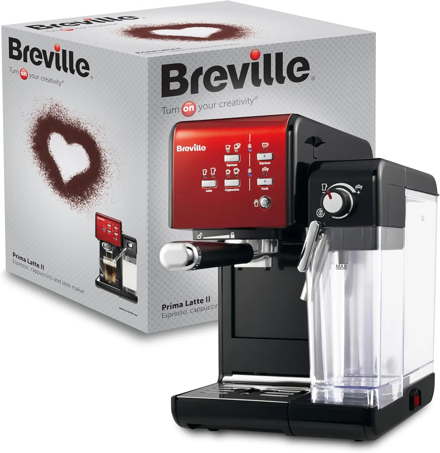 Bild von Breville Prima Latte II Espresso Maschine in Rot mit 15 Bar Profipumpe und Milchaufschäumer