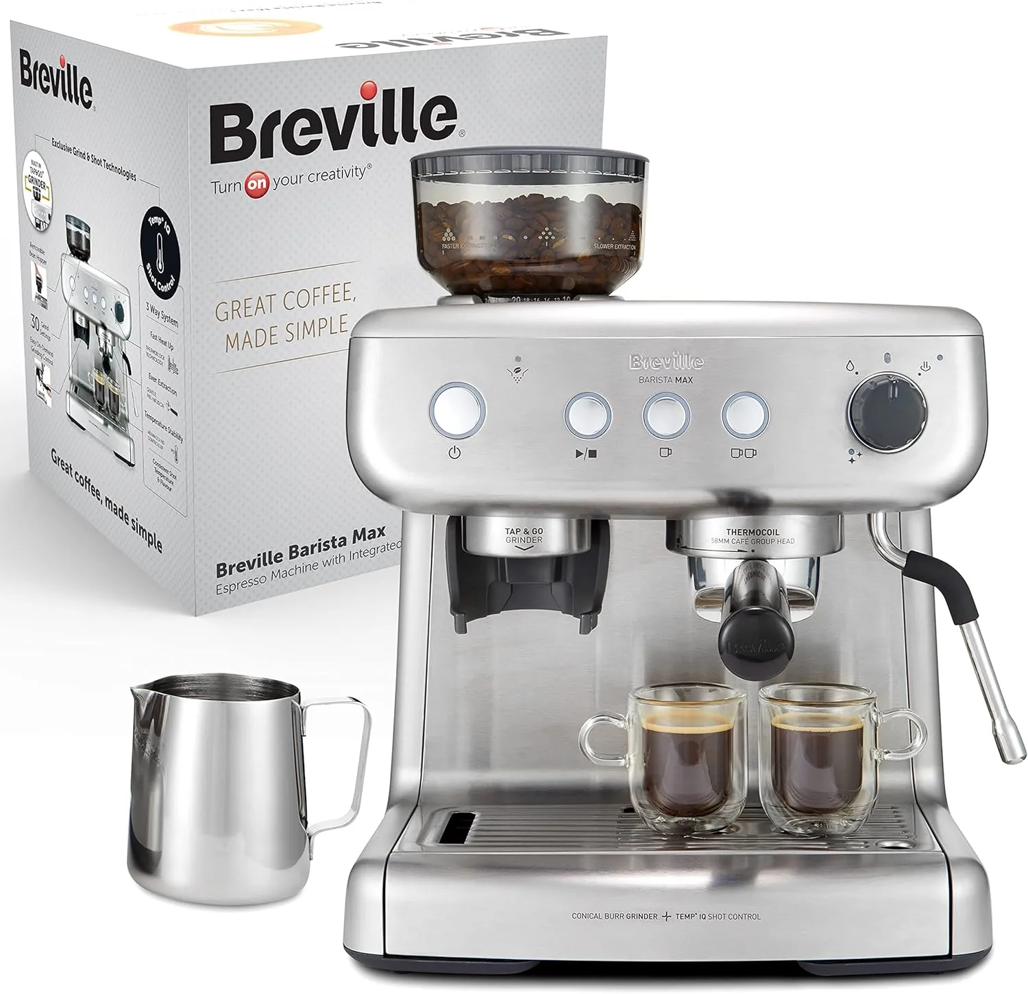 Bild von Breville VCF126X Barista Max Siebträgermaschine mit integriertem Mahlwerk und Milchaufschäumer, 2,8 l Wasserbehälter und 15 Bar italienischer Pumpe