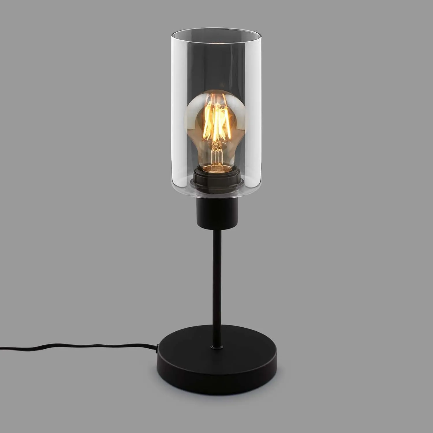Bild von Briloner Nachttischlampe aus Rauchglas mit Kabelschalter und E27 Fassung in Schwarz, ideal für Home Office und als Leselampe