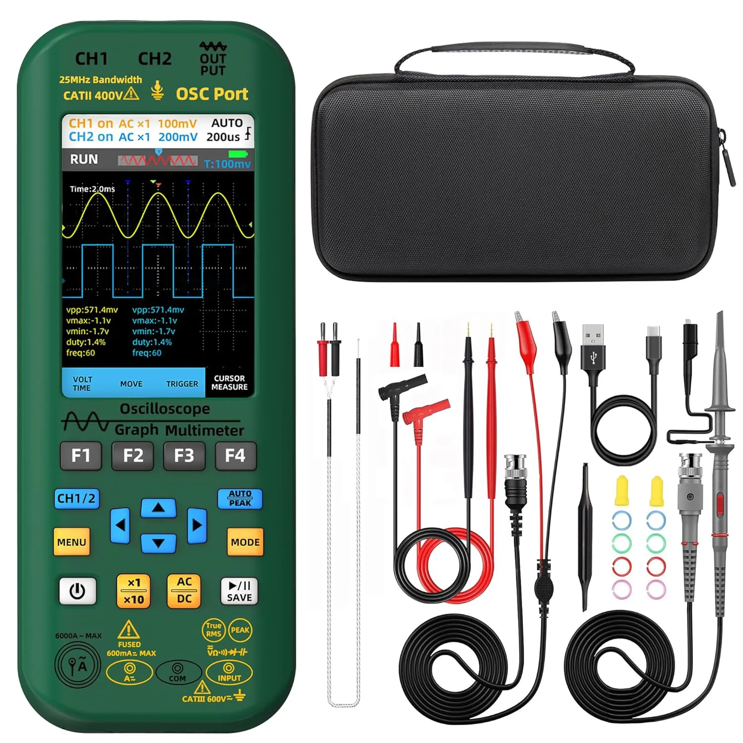 Bild von BSIDE 2-Kanal Handoszilloskop mit 3,98 Zoll TFT, Multimeter, Signalgenerator und flexibler Stromklemme, tragbares 4-in-1 Laborgerät für die Automobilprüfung
