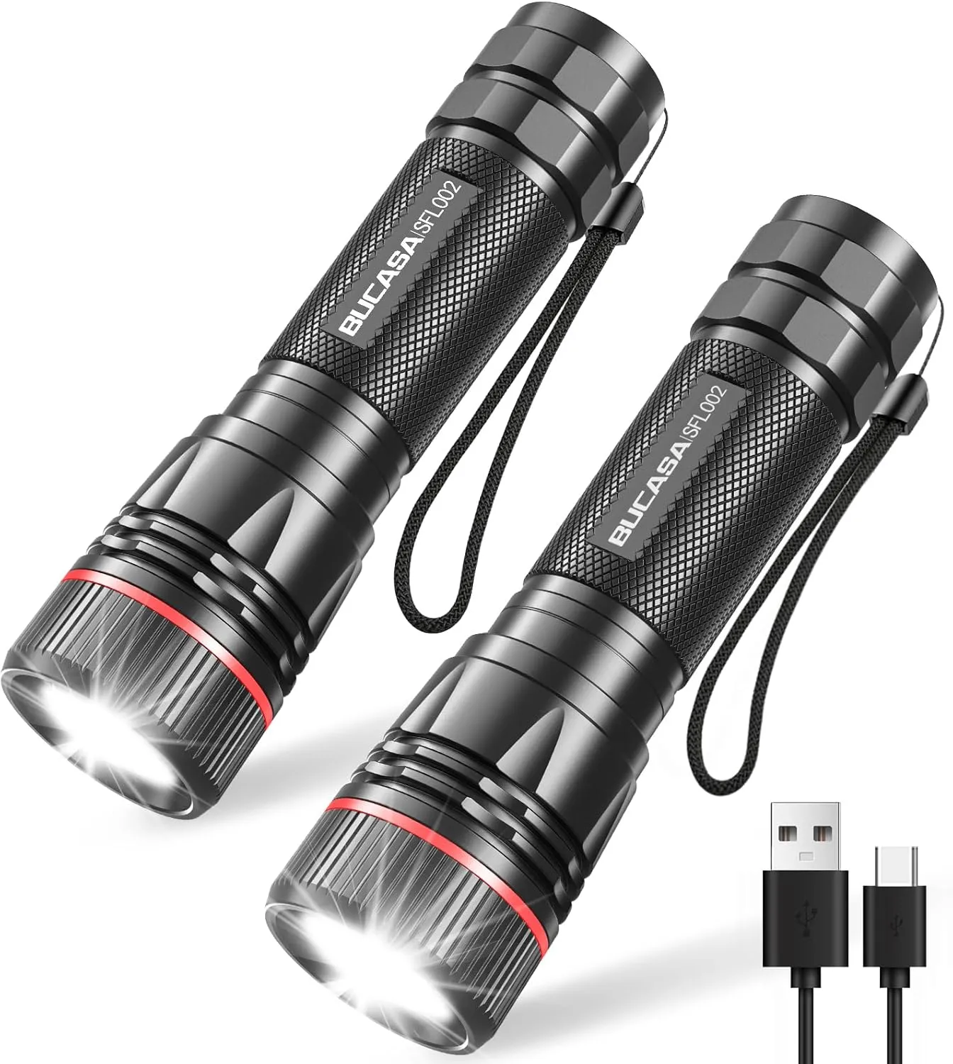 Bild von BUCASA LED Taschenlampe 2000 Lumen mit 3 Modi, 2 Stück, wasserdicht und aufladbar, ideal für Camping und Outdoor Aktivitäten