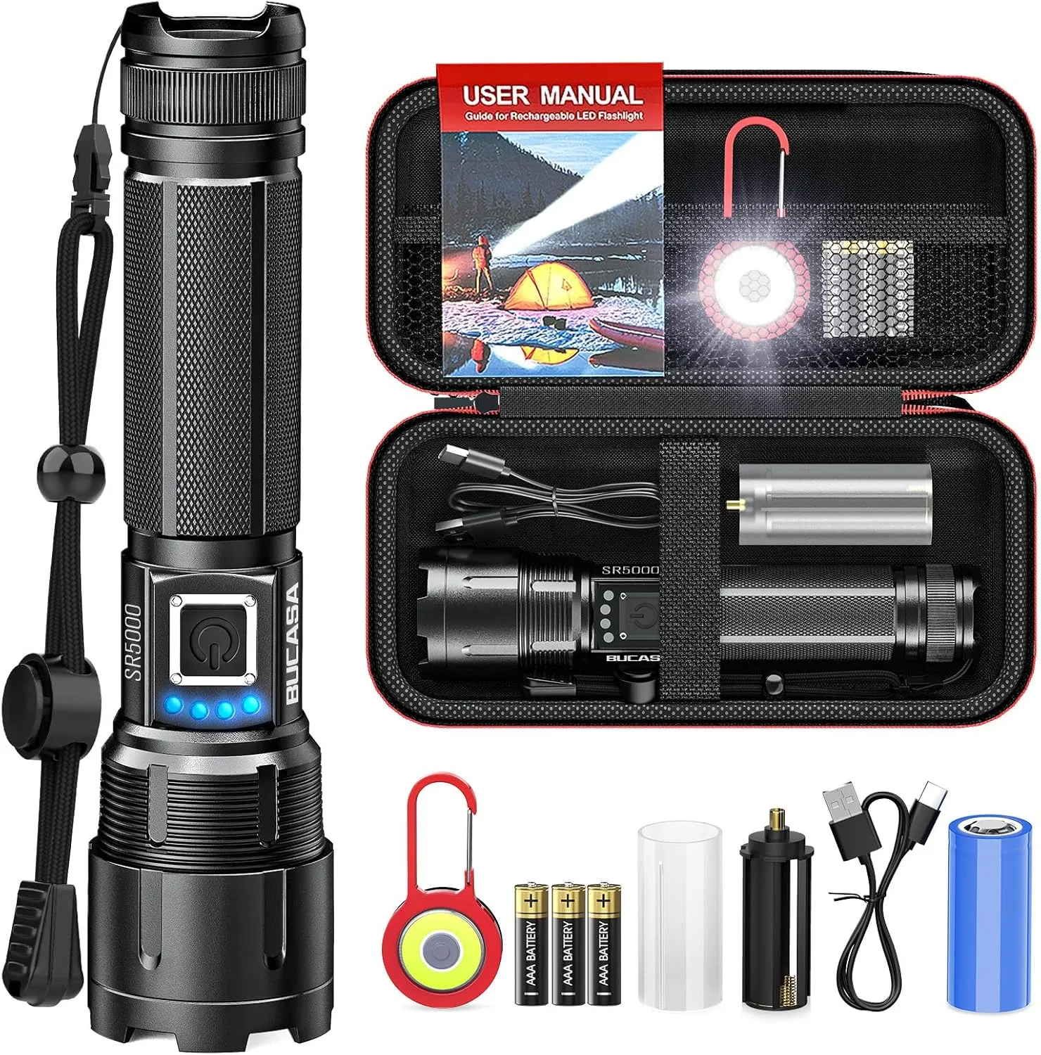 Bild von BUCASA LED Taschenlampe mit 20000 Lumen, 5 Modi, Zoomfunktion und USB Powerbank, wasserdicht und ideal für Camping und Outdoor Aktivitäten