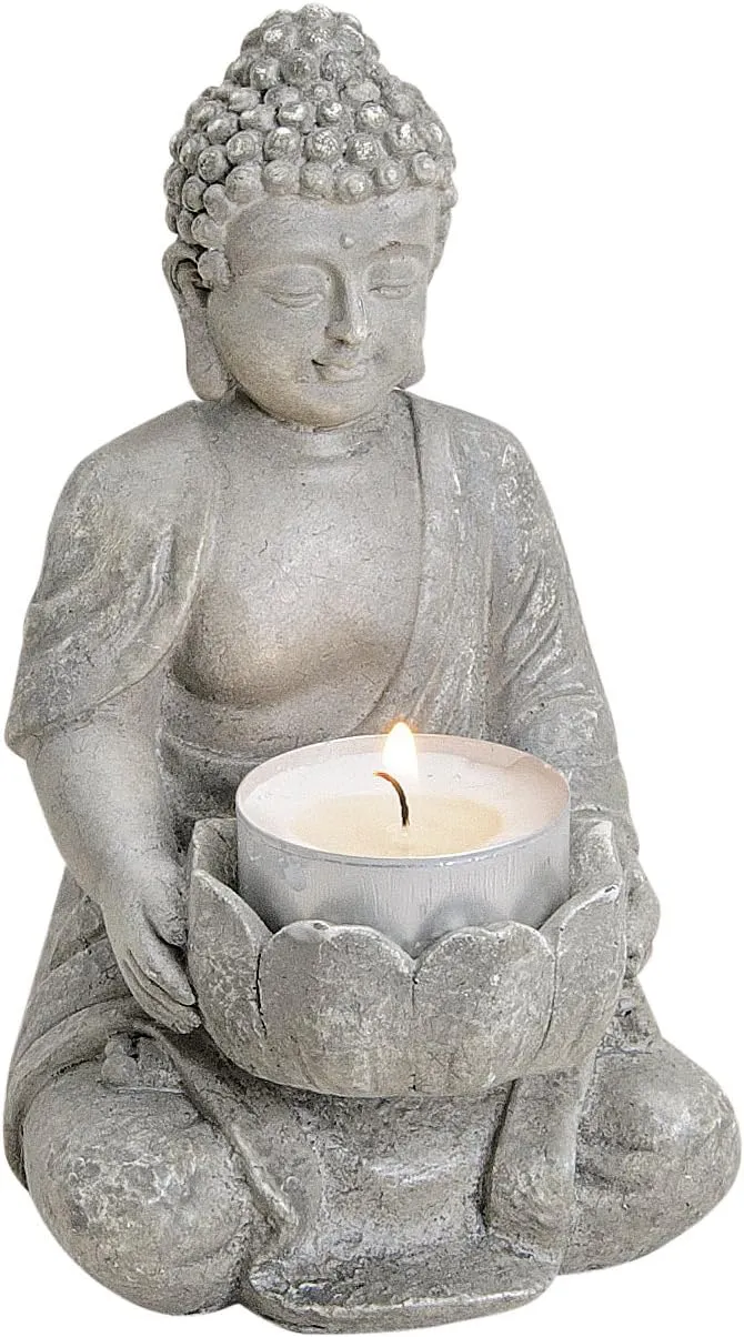 Bild von Buddha Figur mit Teelichthalter aus widerstandsfähigem Polyresin, 14 cm hoch, für drinnen und draußen