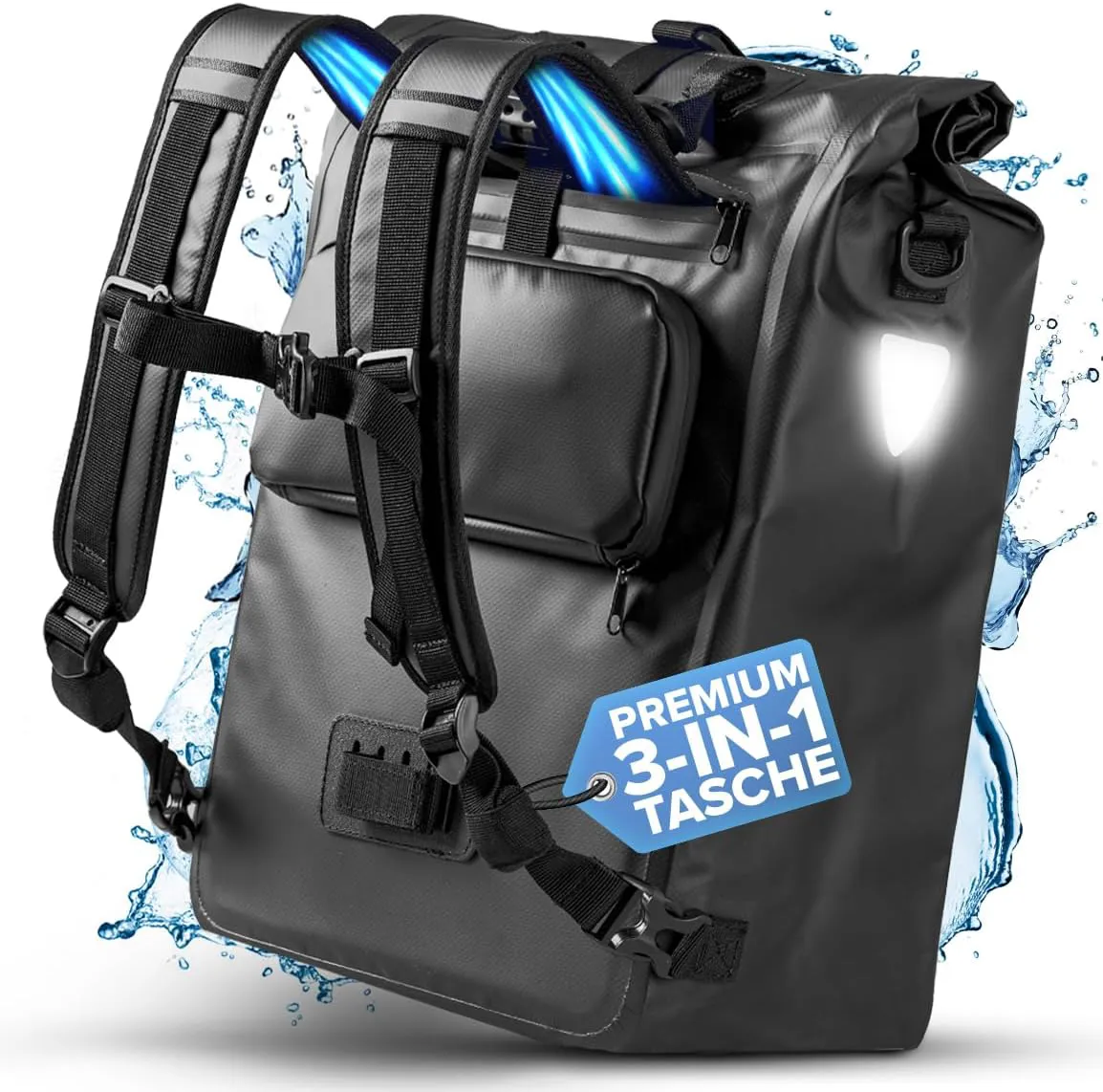 Bild von Büchel 3in1 Fahrradtasche mit 22 Litern Kapazität, wasserdicht und reflektierend, nutzbar als Rucksack, Umhängetasche oder Gepäckträgertasche