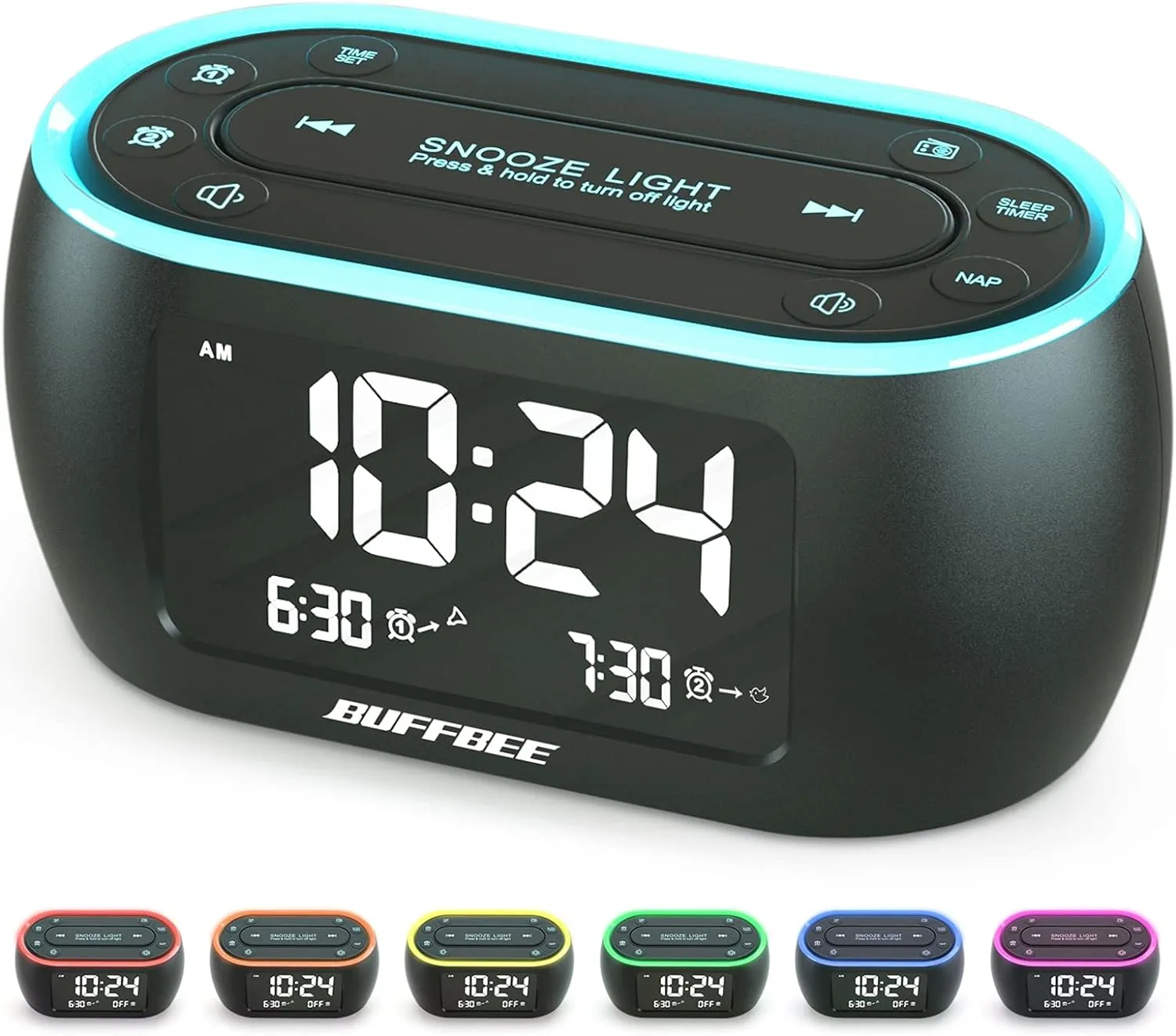 Bild von BUFFBEE Nachttischwecker mit FM-Radio, Dual-Alarm, USB-Ladegerät und 7-Farben-Display