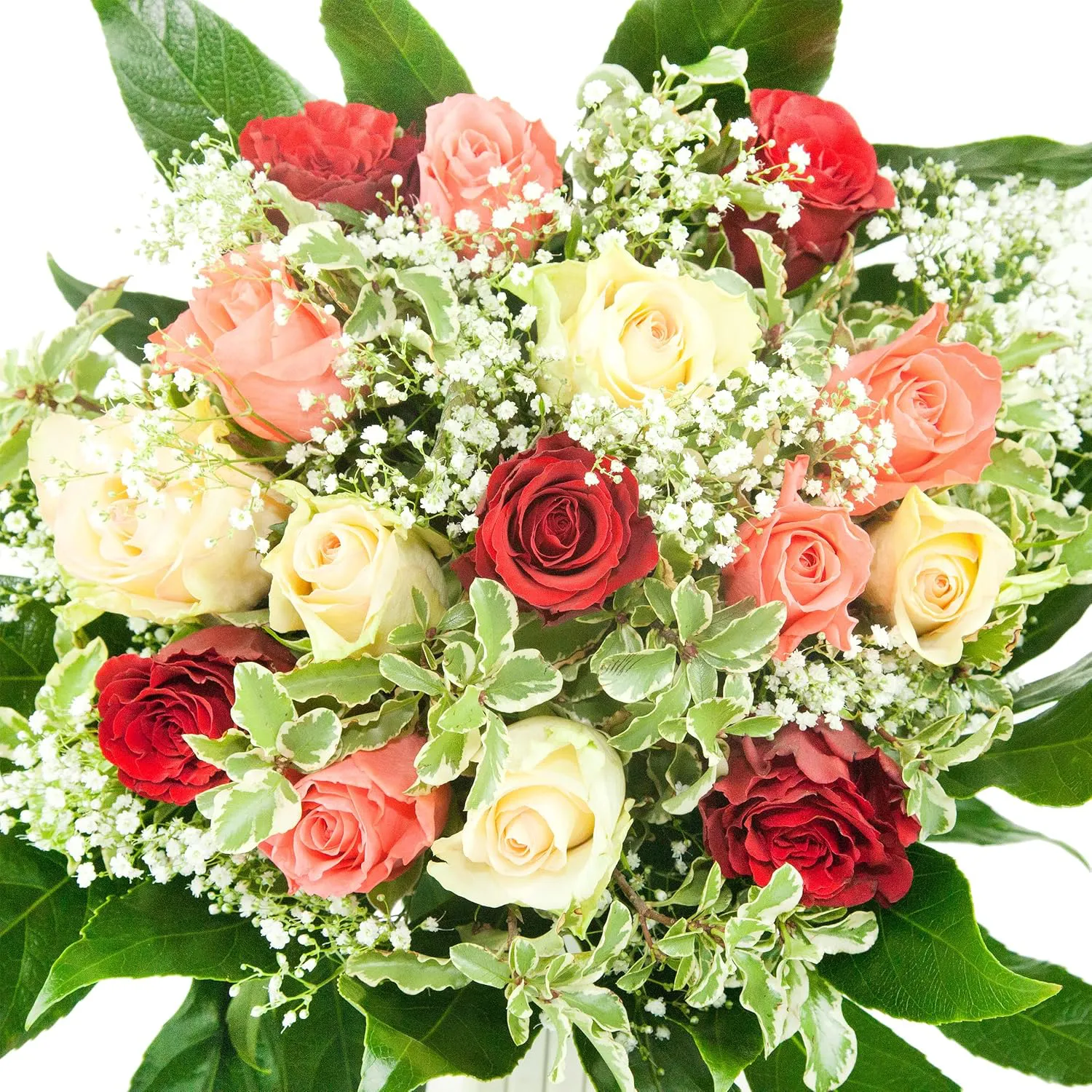 Bild von Bunter Blumenstrauß mit 12 roten, weißen und rosa Rosen sowie Schleierkraut und Grußkarte