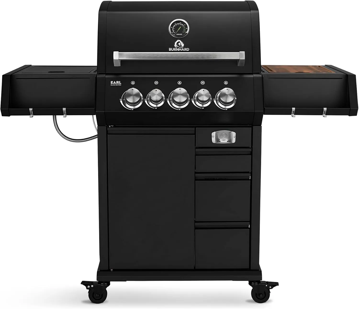 Bild von BURNHARD Earl Black Gasgrill mit 3 Brennern aus Edelstahl, Gusseisen Grillrost, Heckbrenner, Seitenkochfeld und stabiler Abdeckhaube