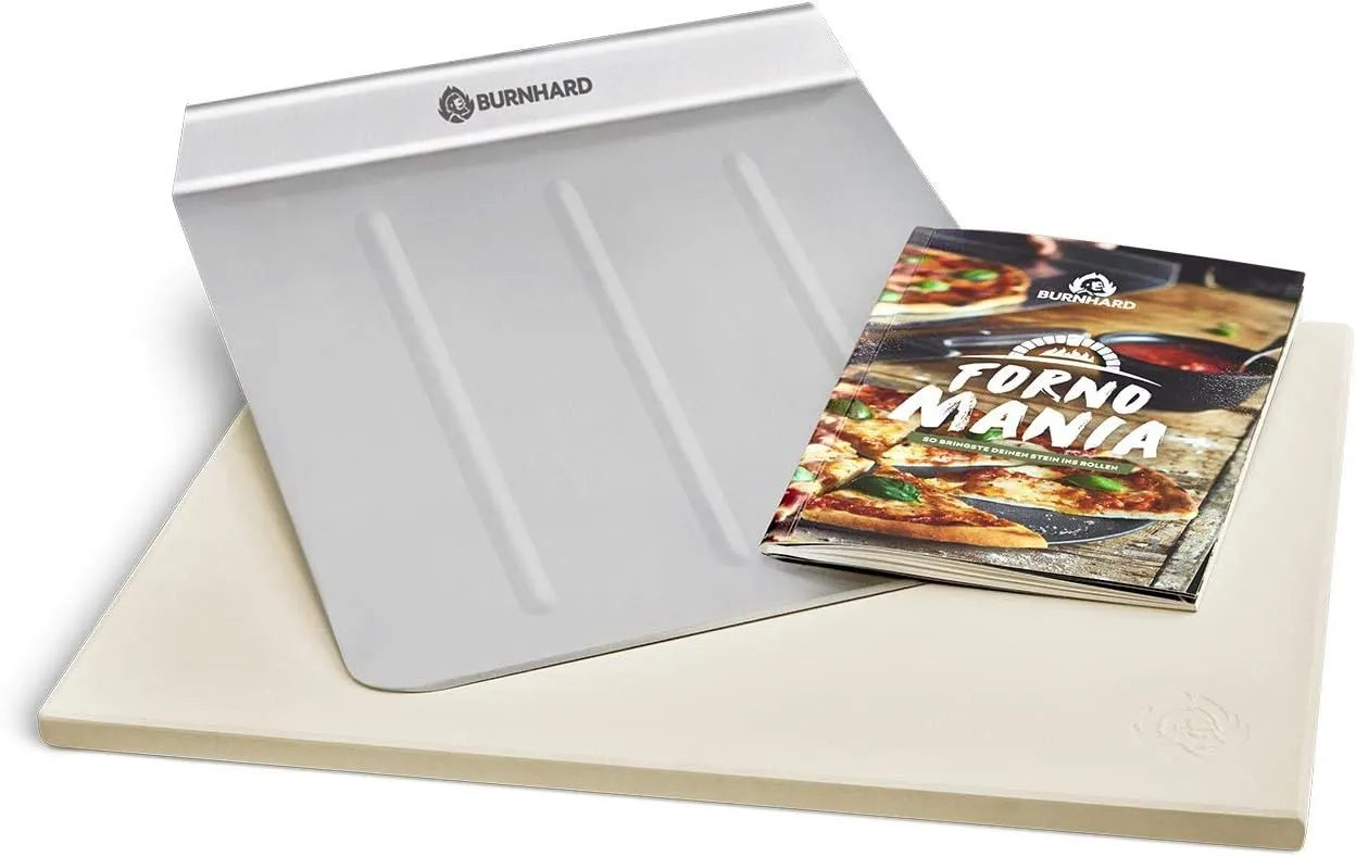 Bild von BURNHARD Pizzastein und Schaufel aus Cordierit und Edelstahl, rechteckig 38 x 30 x 1,5 cm für Backofen und Grill