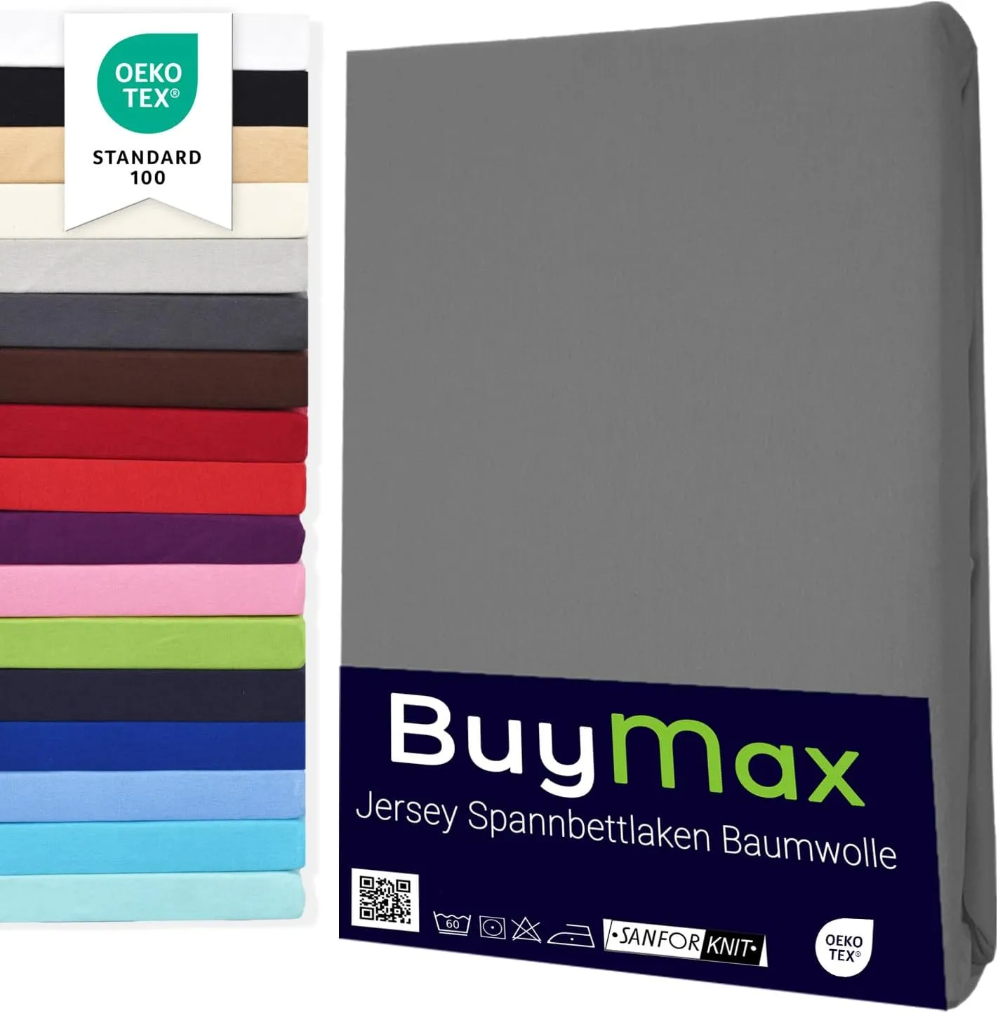 Bild von Buymax Spannbettlaken 140x200 cm aus 100% Baumwolle für Matratzen bis 25 cm Höhe in Anthrazit-Grau mit ÖKO TEX Standard