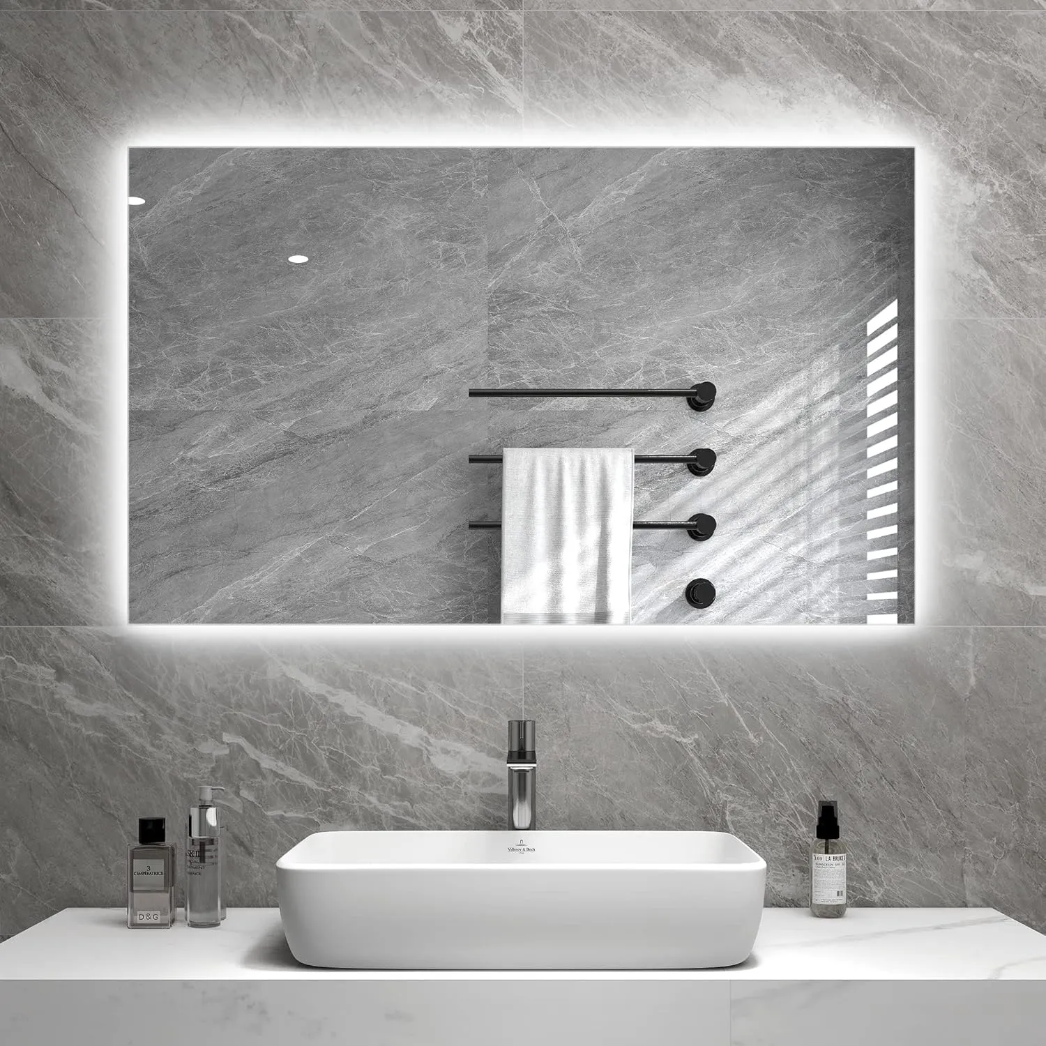 Bild von byecold Infrarotheizung Spiegel mit LED Beleuchtung und 580 Watt, 100x60 cm, für das Badezimmer mit Überhitzungsschutz