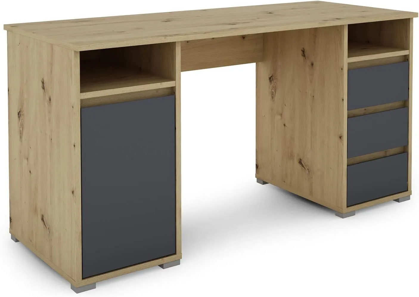 Bild von byLIVING LOBO Schreibtisch in heller Eiche mit 3 Schubladen, 1 Tür und 2 offenen Fächern, große Arbeitsfläche von 138 x 55 cm, Maße 138 x 75 x 55 cm