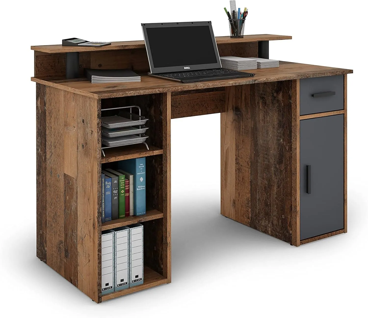 Bild von byLIVING Schreibtisch Diego mit Old Wood-Optik und anthrazitfarbenen Fronten, 120x88x55cm, ausgestattet mit 1 Schublade, 1 Tür und 3 offenen Fächern