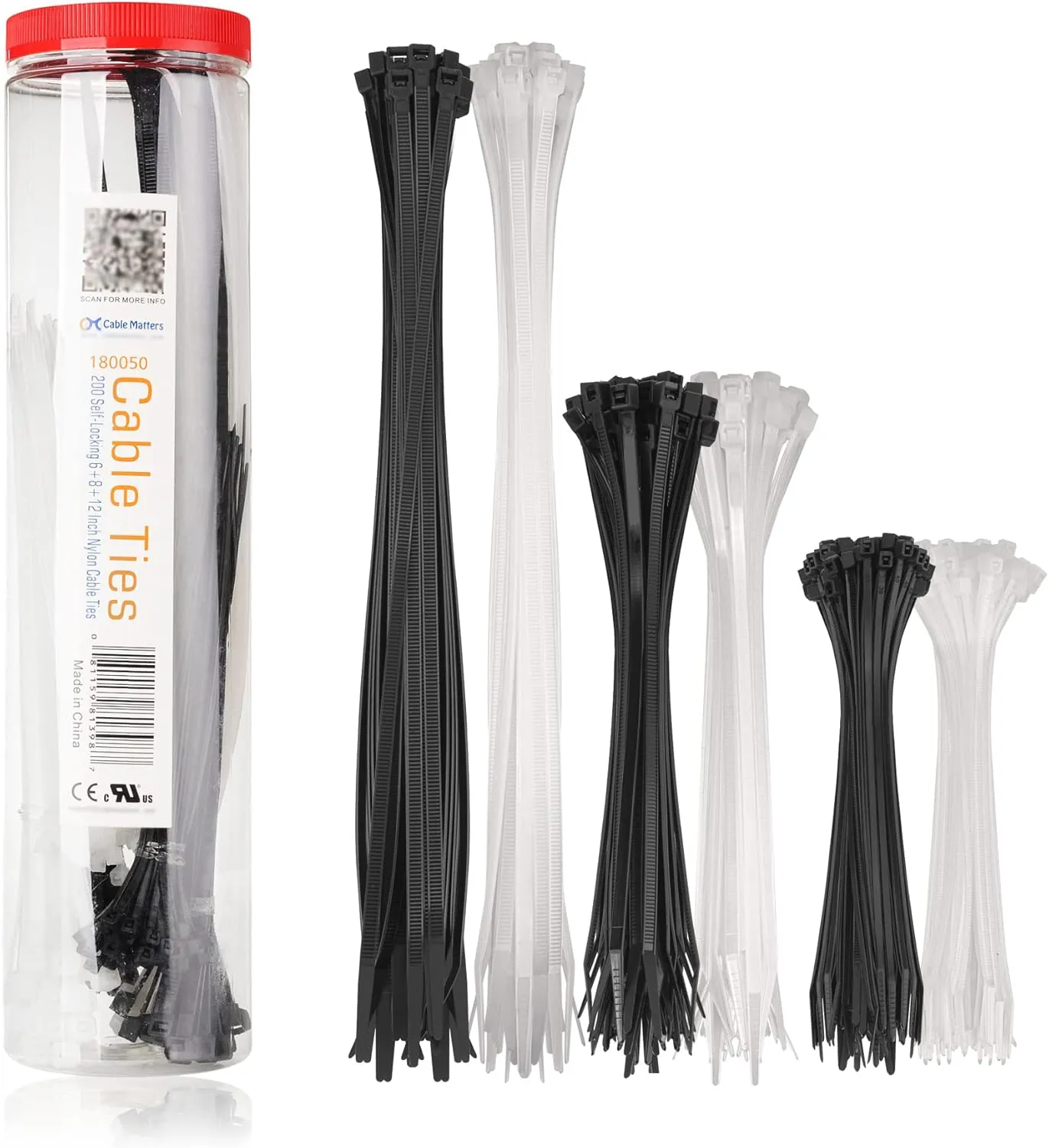 Bild von Cable Matters Kabelbinder Set mit 200 Nylonbinder in Schwarz und Weiß, Größen 15 cm, 20 cm und 30 cm