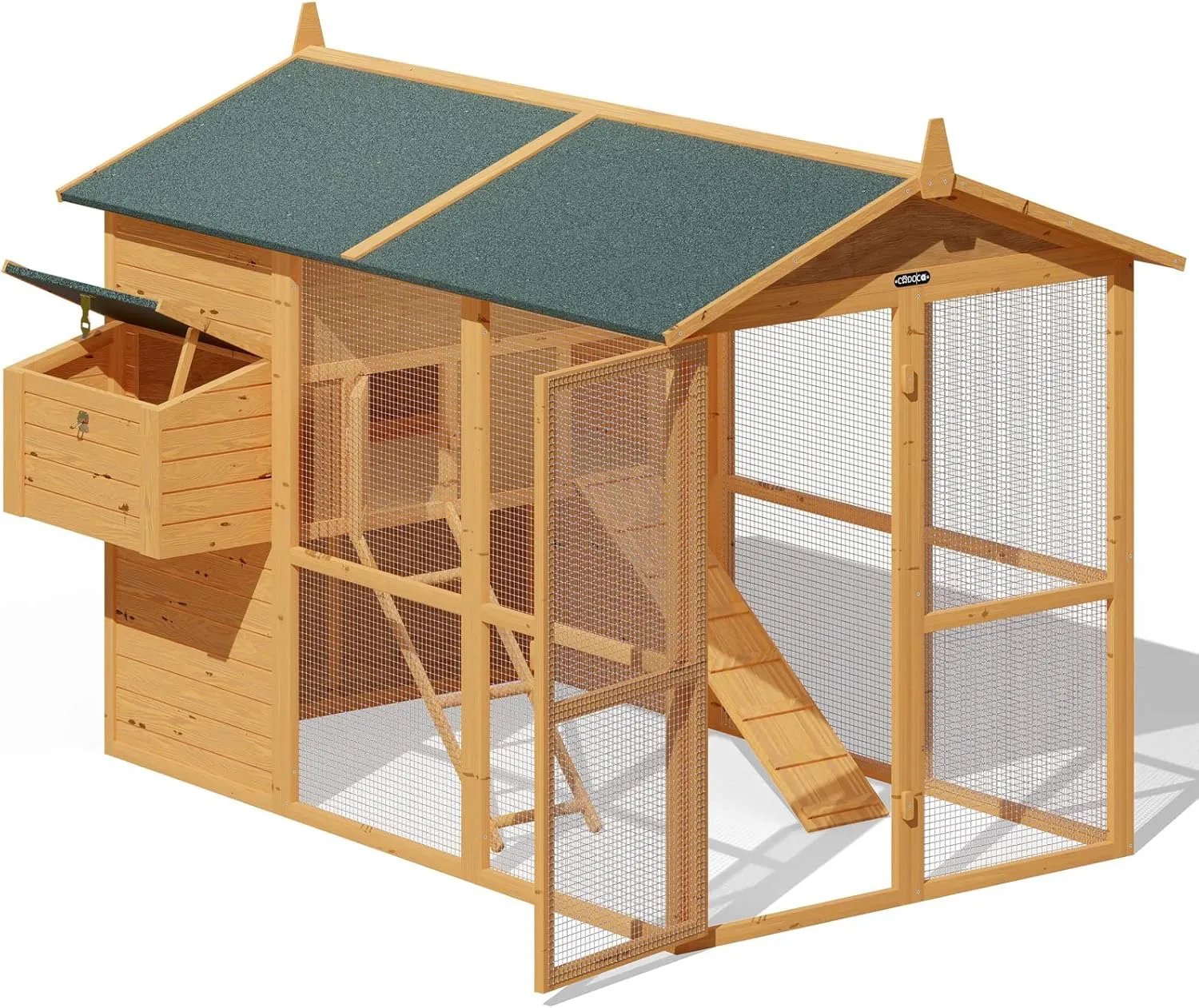Bild von CADOCA Hühnerstall 2-stöckig aus Holz in Braun mit Lauframpen und den Maßen 191x151x148 cm für Garten und Kleintiere