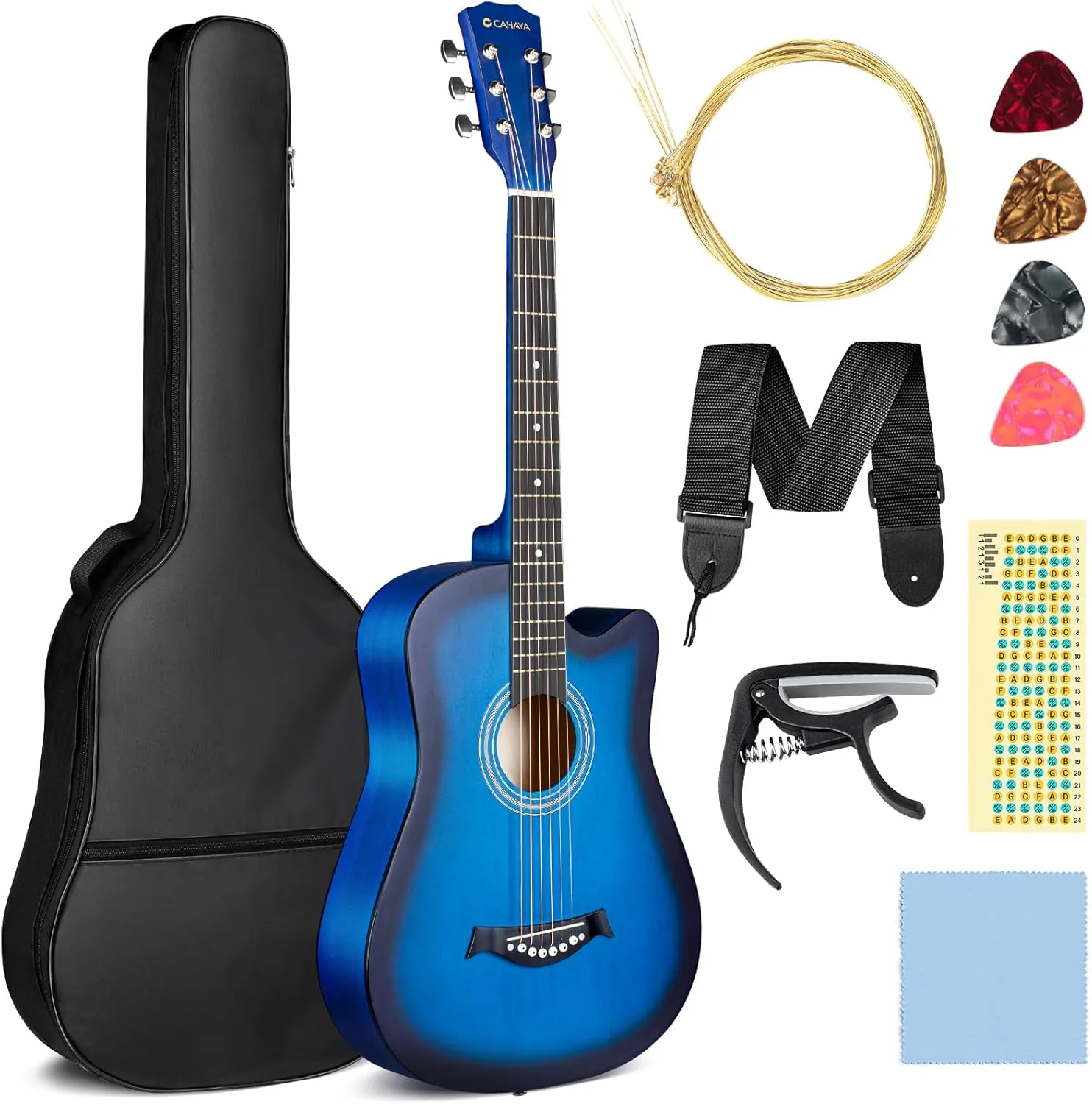 Bild von CAHAYA 38 Zoll Akustikgitarre Set für Anfänger mit Tragetasche, Ersatzsaiten und Zubehör, Blau CY0354