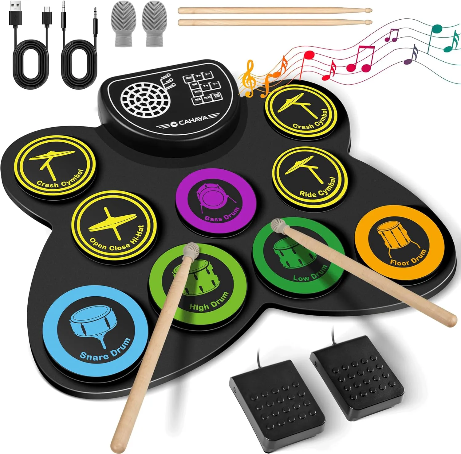 Bild von CAHAYA E-Drum-Set mit 9 Pads für Kinder und Anfänger, aufrollbar, mit 2 Pedalen, integriertem Lautsprecher und 10 Stunden Akkulaufzeit, Modell CY00370-1