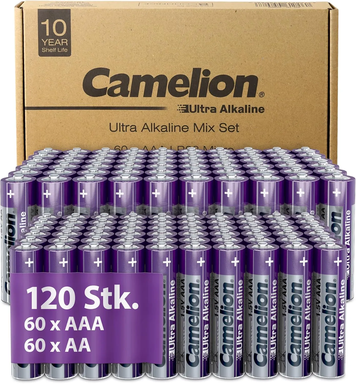Bild von Camelion Ultra Alkaline Batterien Set mit 120 Stück, 60 AA und 60 AAA, 10 Jahre Haltbarkeit, umweltfreundlich