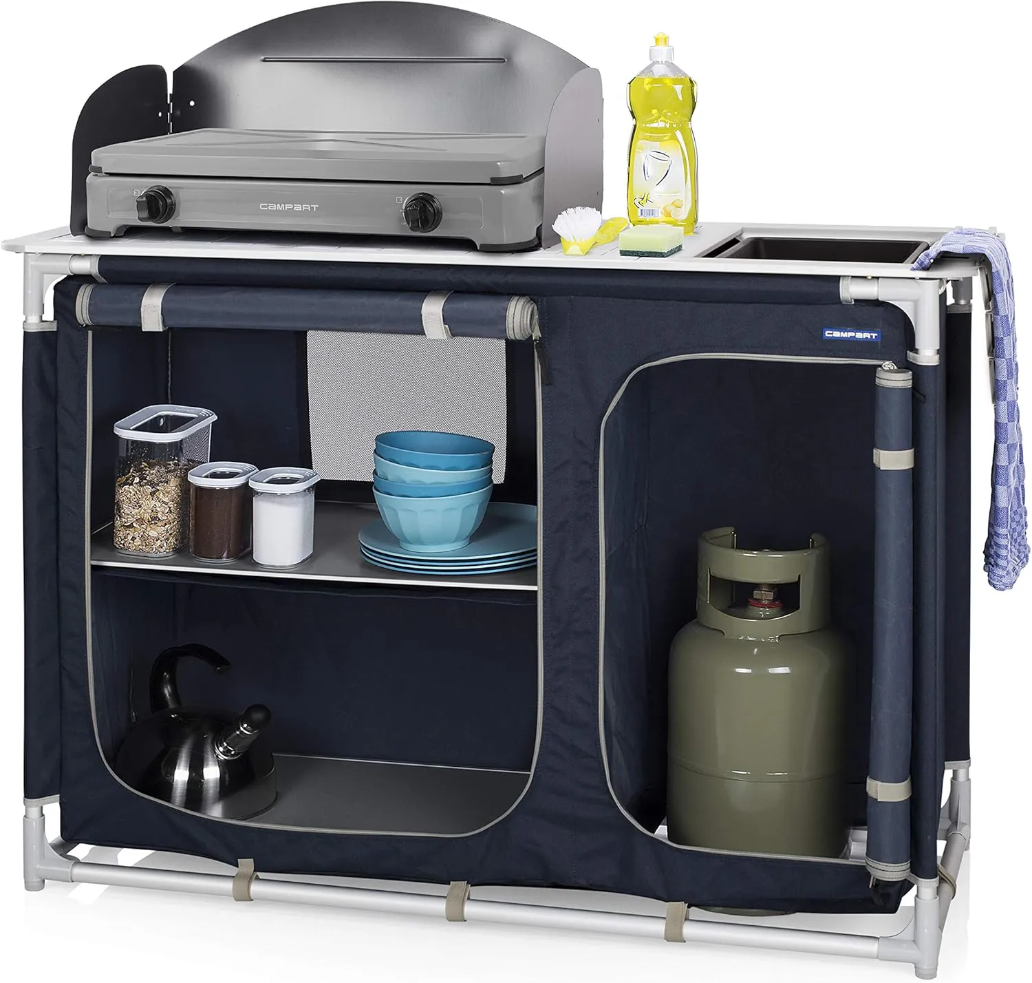 Bild von Campart Campingküche KI-0753 mit Spülbecken, Windschutz und zwei Aufbewahrungsfächern in Blau