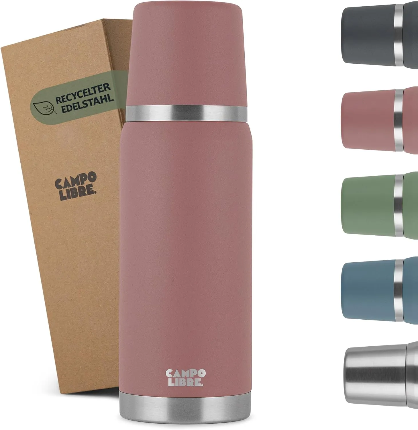 Bild von Campo Libre Jaco Thermoskanne mit 1 Liter, 750 Milliliter und 500 Milliliter, aus recyceltem Edelstahl, 24 Stunden heiß, 100 Prozent auslaufsicher und mit Becher