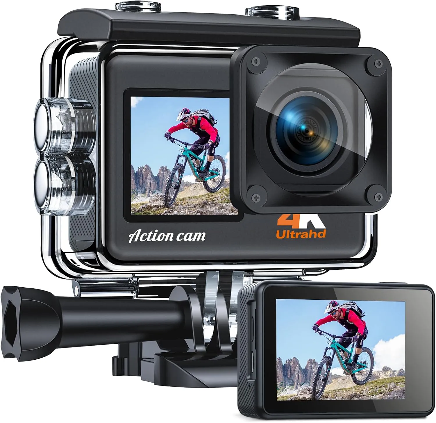 Bild von CAMWORLD 4K Actionkamera mit 24 MP, zwei LCD-Bildschirmen, 170 Grad einstellbarem Winkel, wasserdicht bis 40 Meter, zwei Batterien und Zubehörset