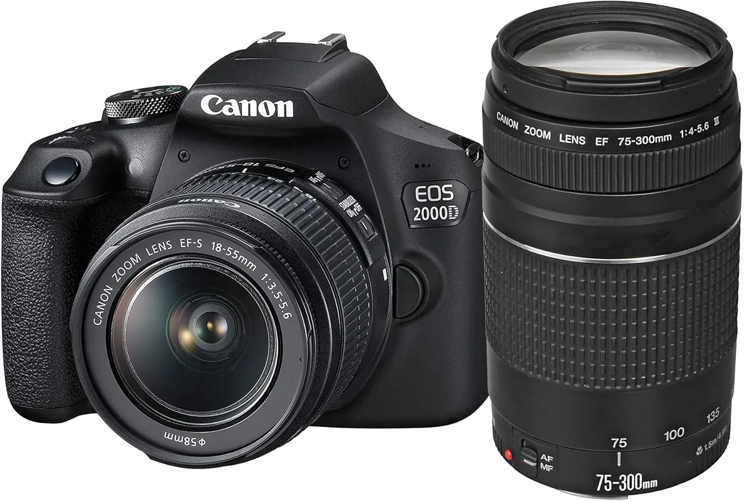 Bild von Canon EOS 2000D Spiegelreflexkamera mit 24,1 MP, DIGIC 4+, 3 Zoll LCD, Full-HD, WiFi und APS-C CMOS-Sensor, inklusive EF-S 18-55mm und EF 75-300mm Objektiven
