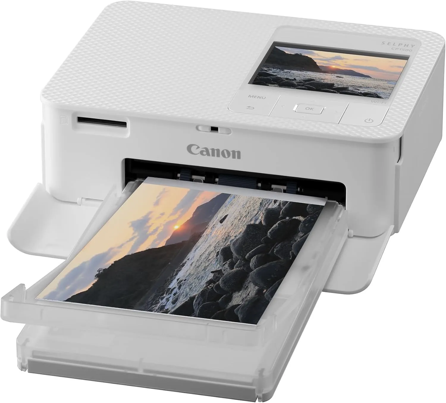 Bild von Canon SELPHY CP1500 tragbarer Fotodrucker für Postkartengröße bis 10x15 cm, WLAN-fähig, kabellos, mit App und langlebigen Farben, in Weiß