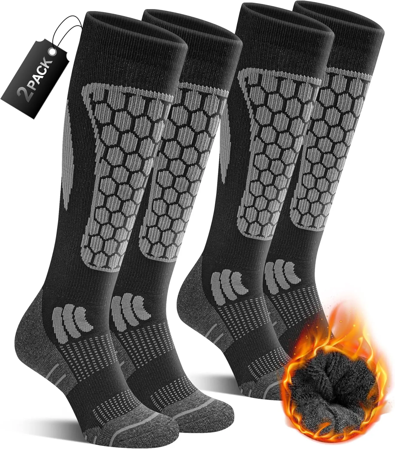 Bild von CAOZITOU Merino Wandersocken für Herren und Damen, 2 Paar, 60% Wolle, gepolstert, warme Thermo Trekkingsocken für den Winter