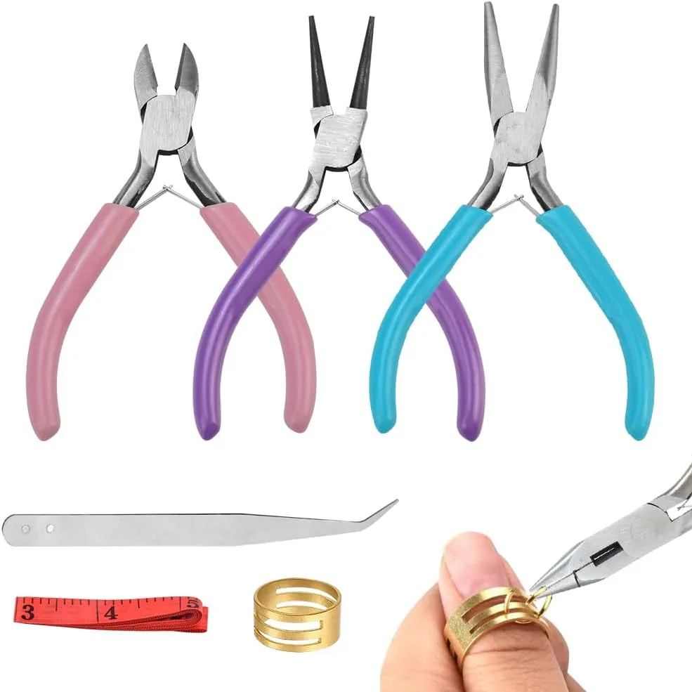 Bild von CAREDGO Schmuckzangen Set mit Rundzange, Drahtschneider, Spitzzange, Sprungringöffner, Pinzette und Schneidermaßband für Schmuckreparatur