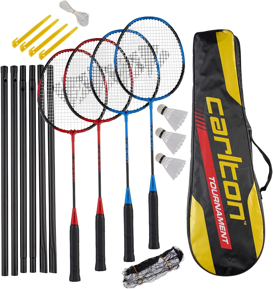 Bild von Carlton Tournament Badminton Set für 4 Spieler mit 4 Schlägern, 3 Bällen, Tasche, Netz und Pfosten in Schwarz-Rot und Schwarz-Blau