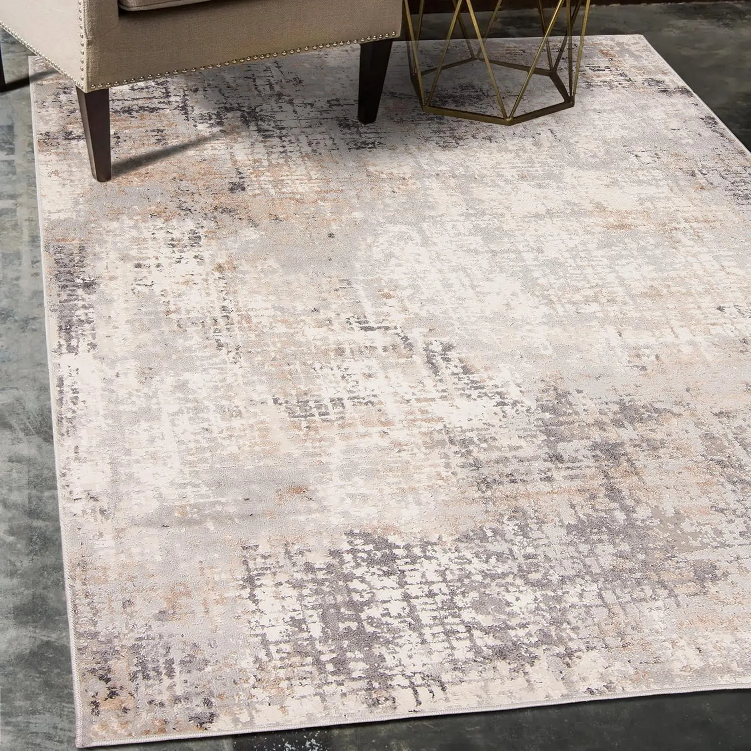 Bild von Carpeto Vintage Designer Teppich in Beige Grau, kurzflorig und weich, für Wohnzimmer, Schlafzimmer und Esszimmer, Größe 200 x 300 cm, ÖKO-TEX zertifiziert