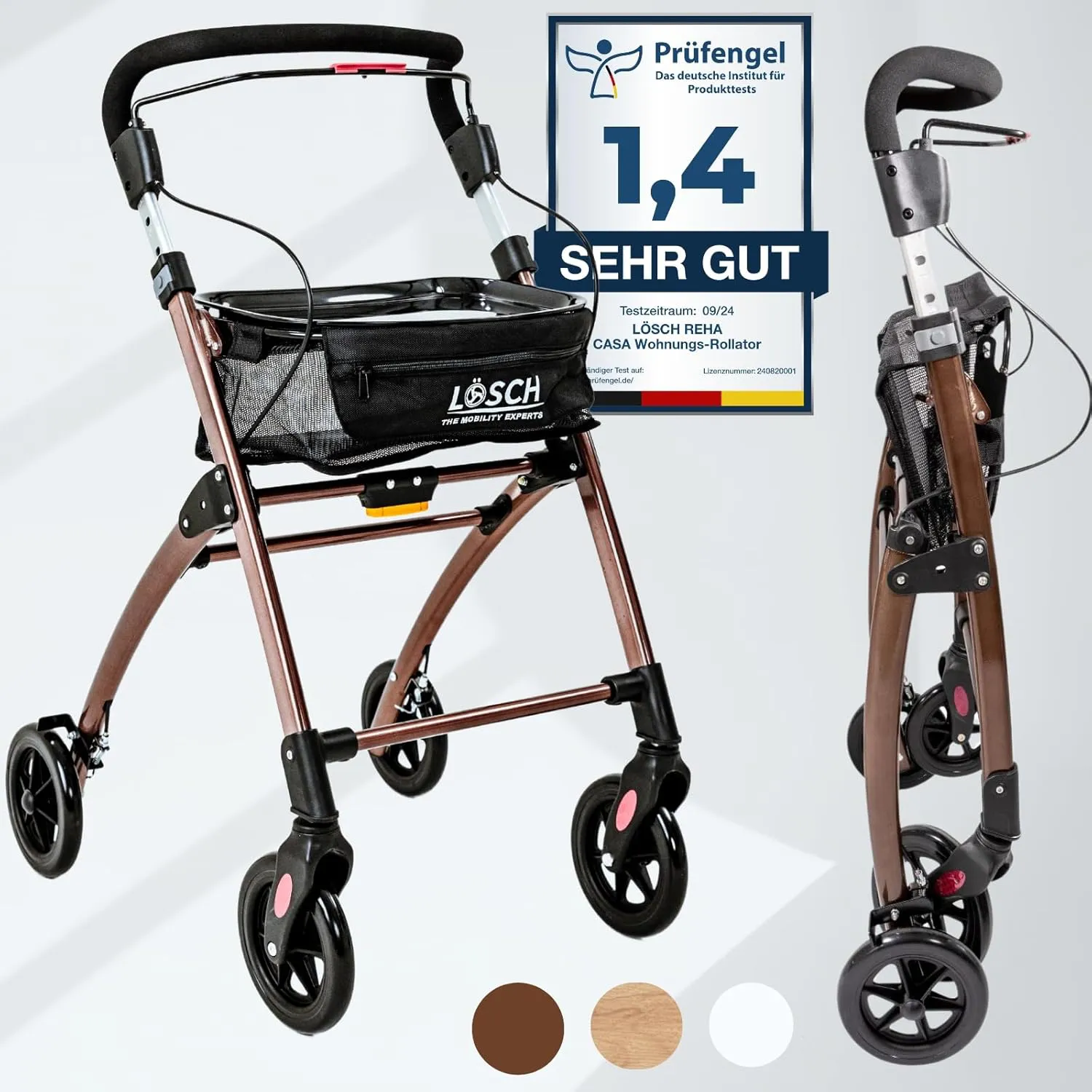 Bild von Casa Soft Rollator von Lösch Reha in Braun, faltbar und leicht mit höhenverstellbarem Design, ideal für den Innenbereich und Senioren