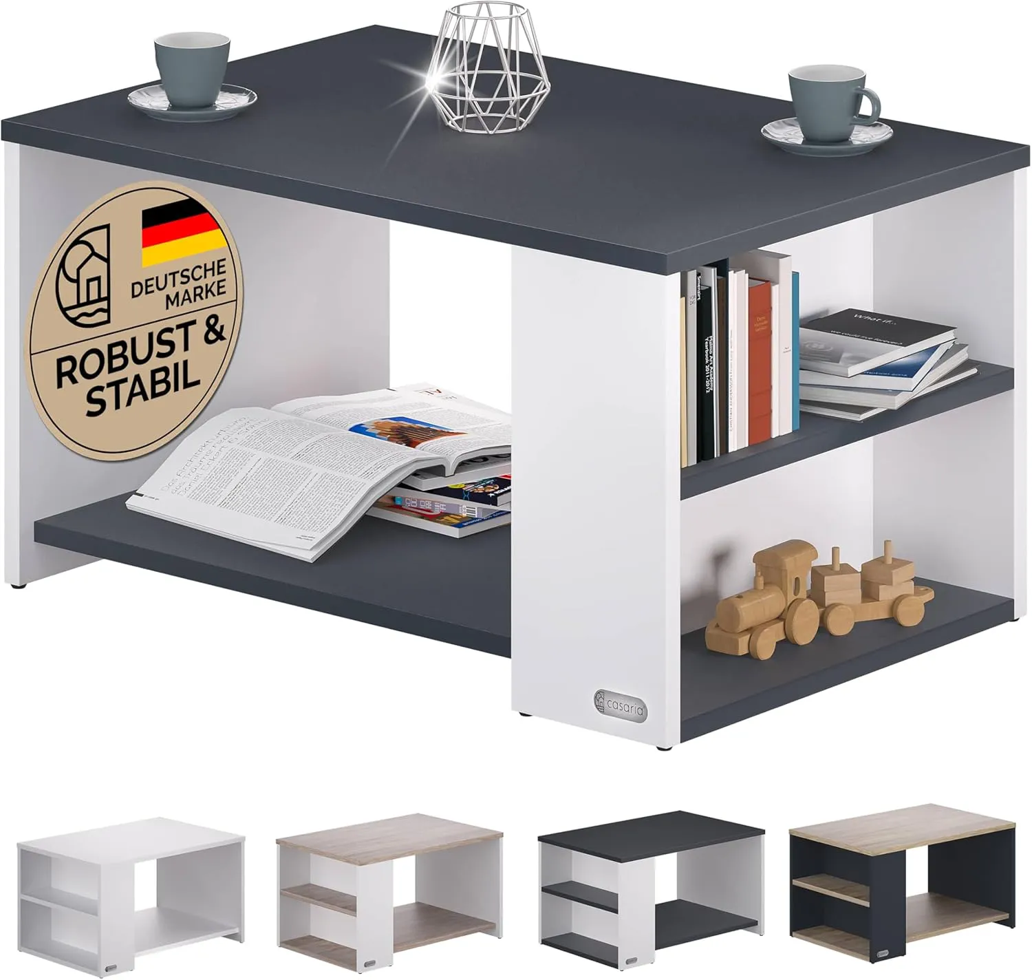 Bild von Casaria Couchtisch in Weiß und Grau mit Stauraum und 2 Fächern, 90x60x50 cm, kratzfest und bis 50 kg belastbar