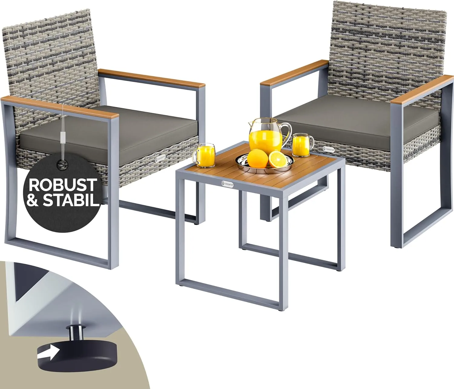 Bild von Casaria Gartenmöbel Set aus Polyrattan mit Akazienholz, wetterfest, bestehend aus 2 Stühlen und Tisch, verstellbar, für Terrasse und Balkon, grau, bis 160 kg belastbar