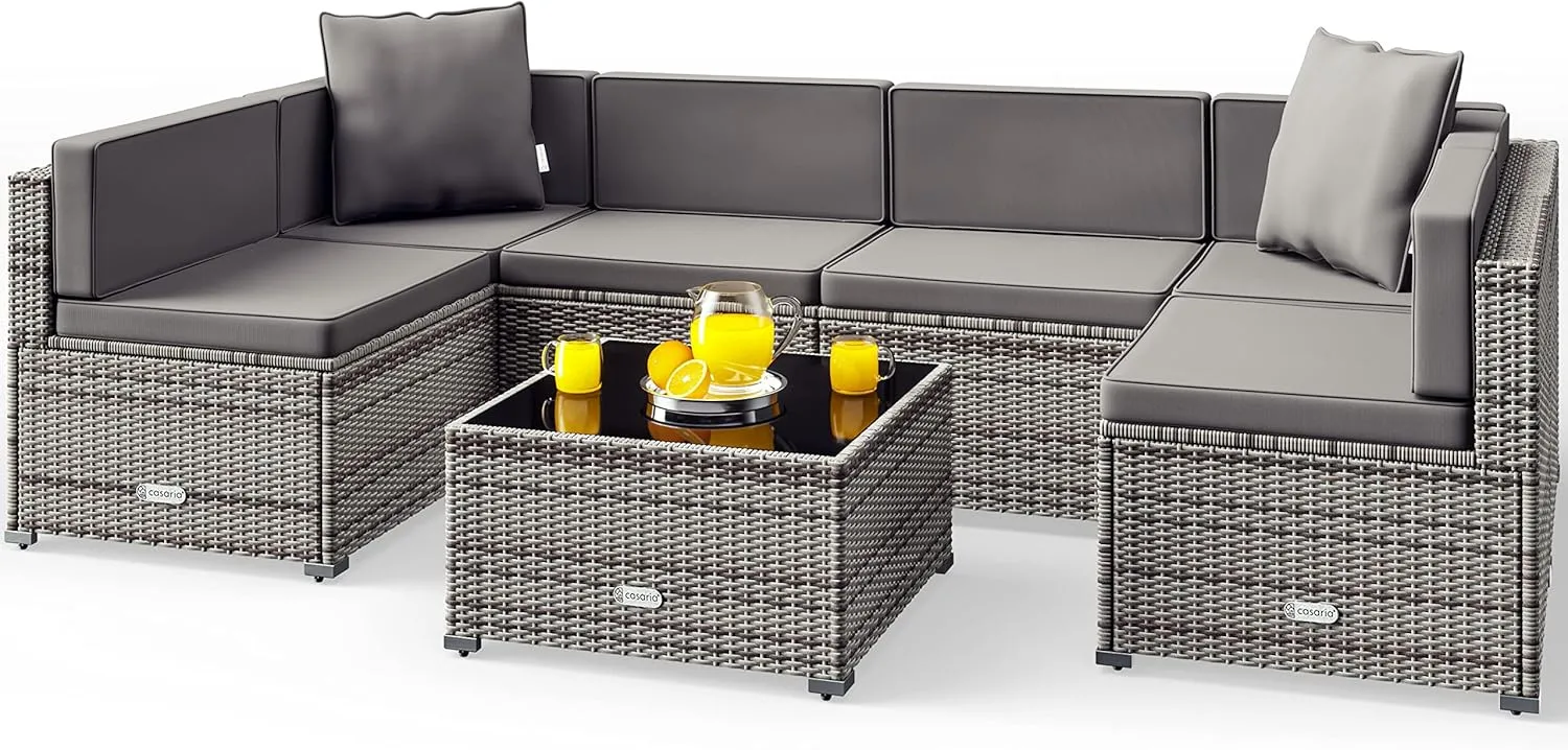 Bild von Casaria Gartenmöbel Set für 5 Personen aus wetterfestem Polyrattan mit Tisch und 5mm Sicherheitsglas, inklusive Ecksofa und Sitzauflagen in Grau-Anthrazit