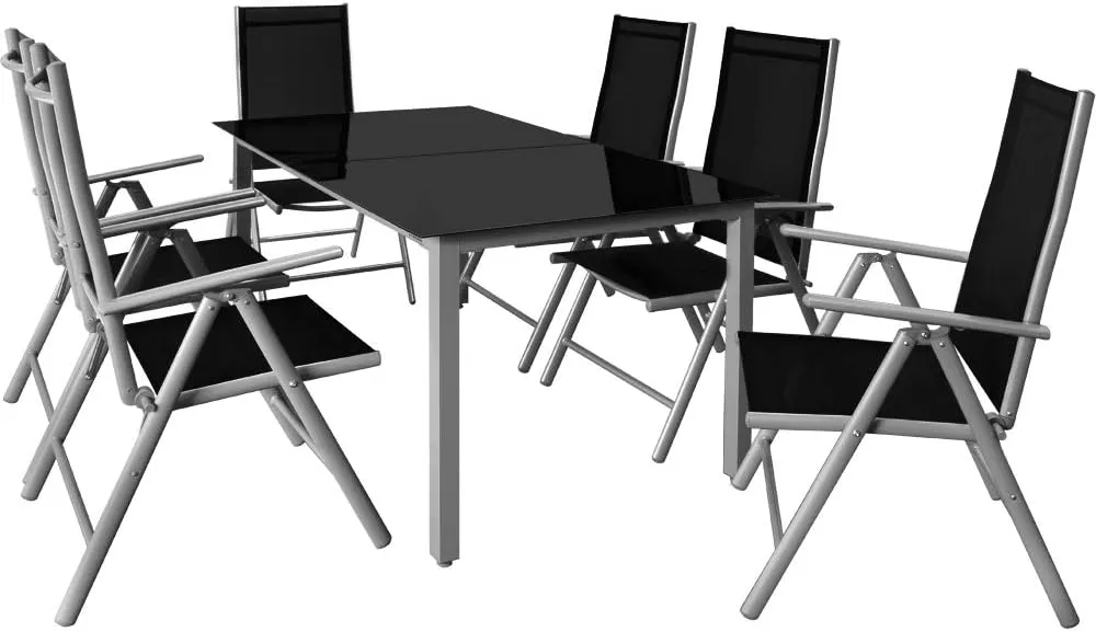 Bild von Casaria Gartenmöbel Set mit 6 Klappstühlen und einem 150x90 cm Tisch aus Aluminium und Sicherheitsglas, wetterfest und modern für Terrasse und Balkon