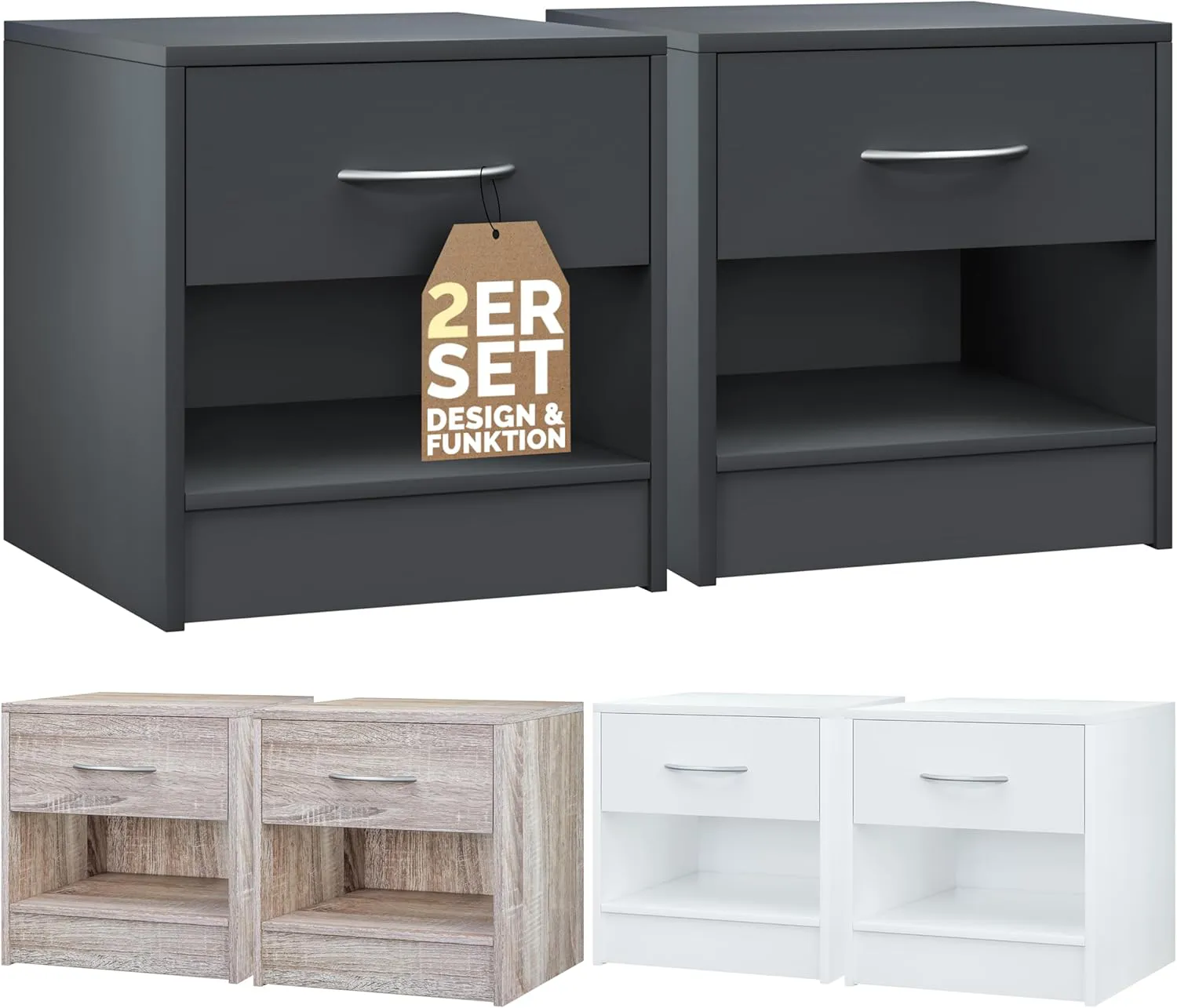 Bild von Casaria Nachttisch Set mit 2 Stück in Anthrazit, modern mit Schublade, 41x39x28 cm