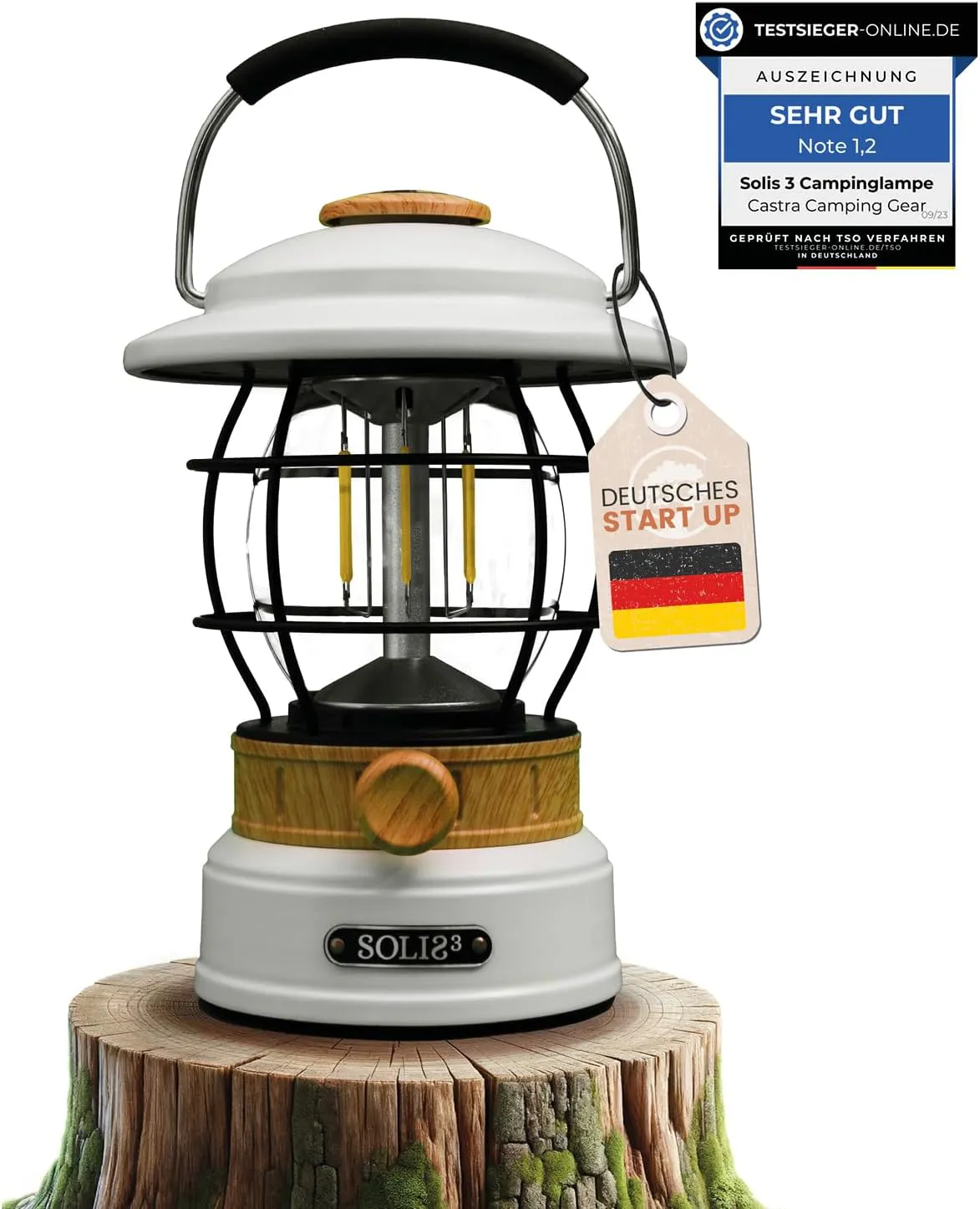 Bild von Castra Solis 3 Campinglampe mit 8000mAh Akku und Powerbank, dimmbar und wasserfest nach IP44, in cremeweiß mit Holzeffekt