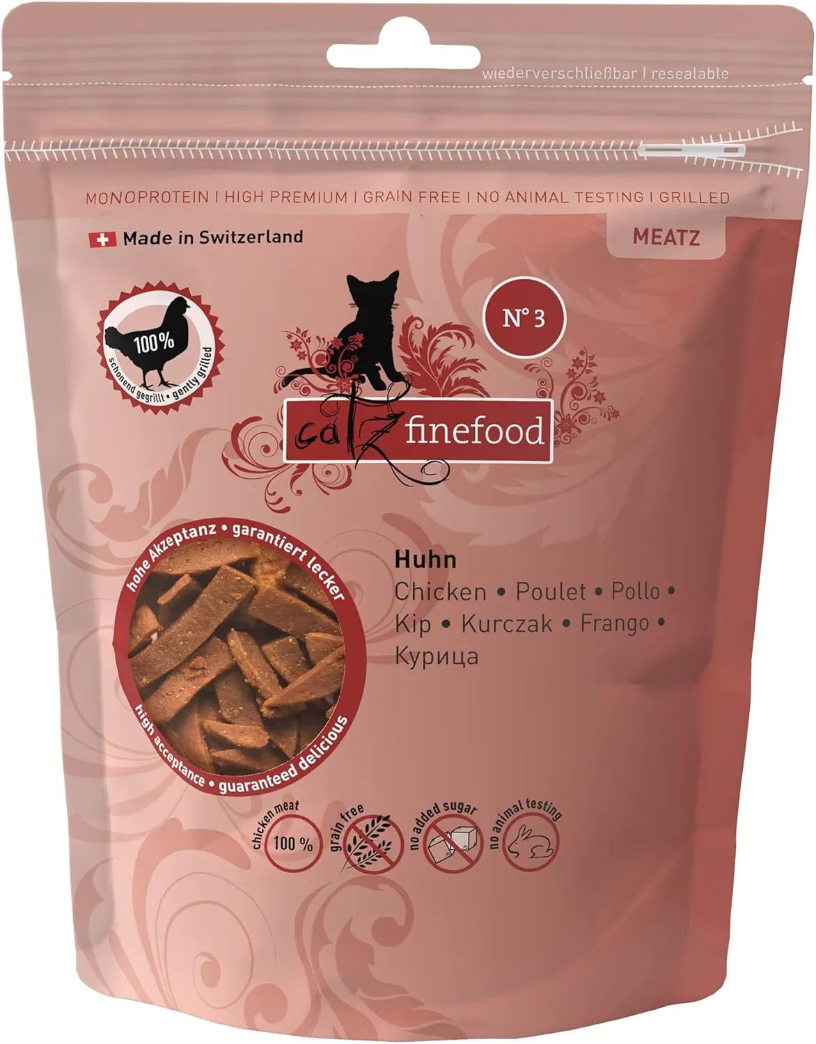 Bild von catz finefood Meatz Katzenleckerlies mit Huhn N° 3, knusprige Fleischstreifen mit Biotin für glänzendes Fell, zuckerfrei und getreidefrei, 45 g