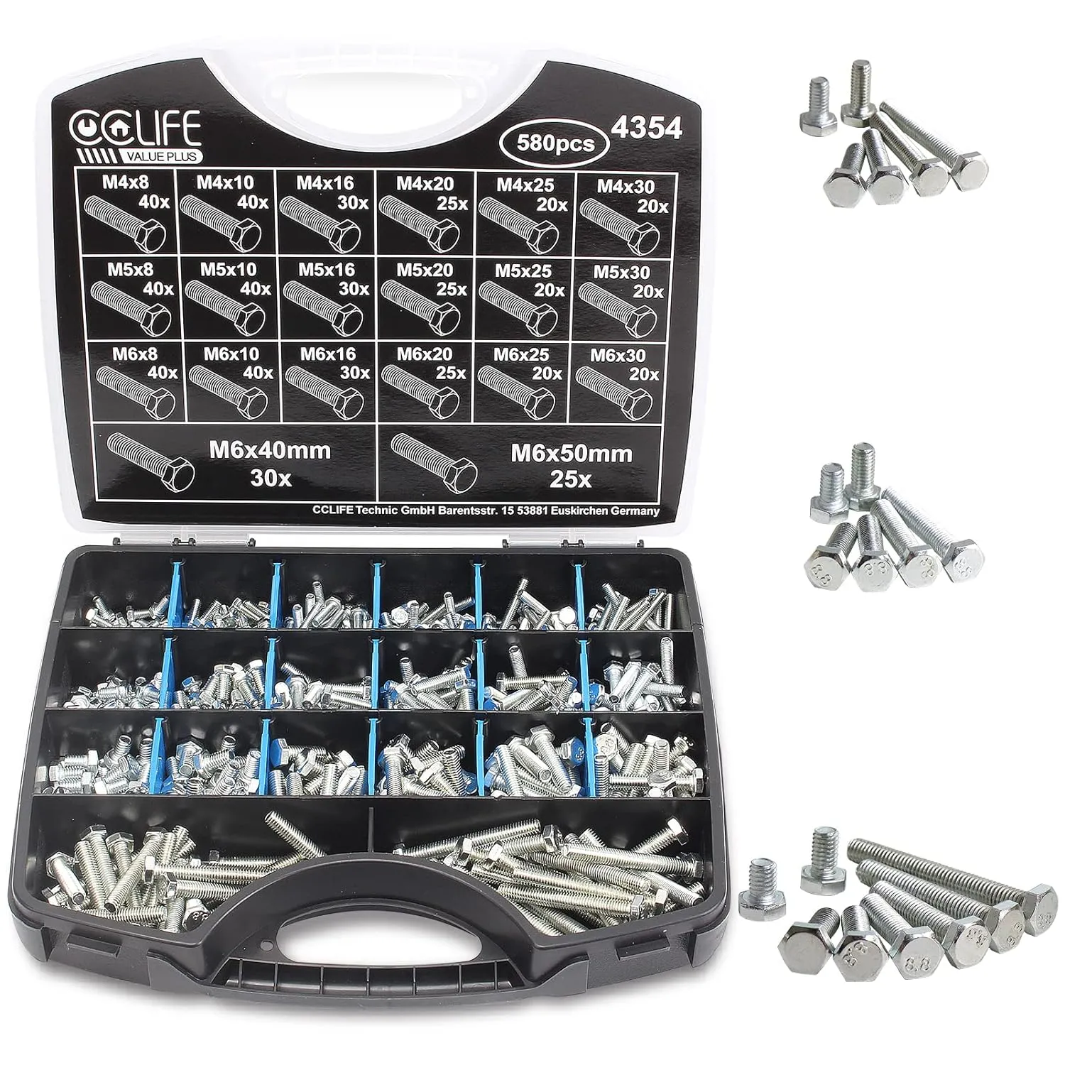 Bild von CCLIFE 580tlg Sechskantschrauben Set in den Größen M4, M5 und M6, 8 bis 50 mm, verzinkt nach DIN 933