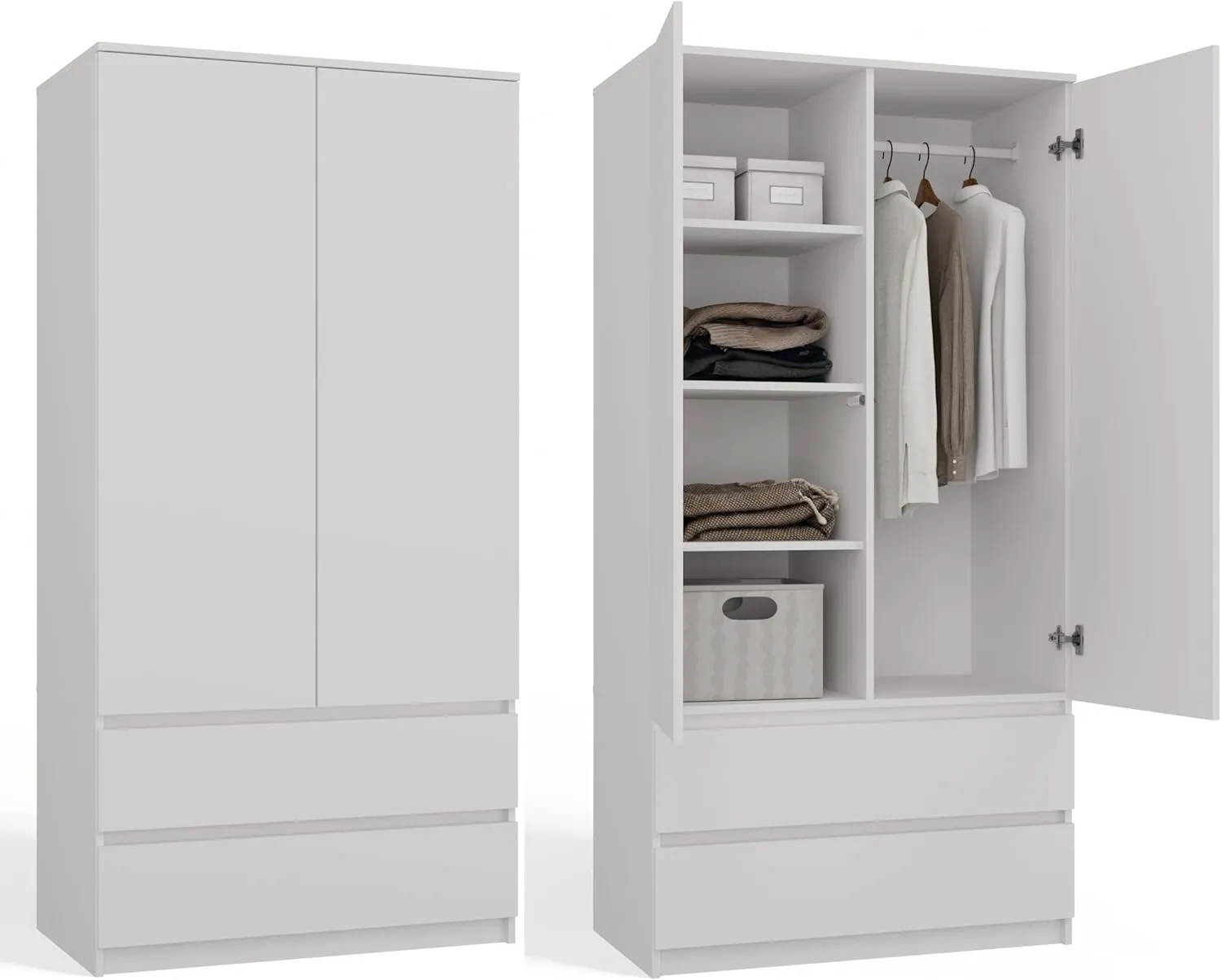 Bild von CDF Malwa SS-90 moderner Schrank in Weiß mit 4 Einlegeböden und 2 Schubladen, ideal für Schlafzimmer, Flur, Kinderzimmer oder Büro