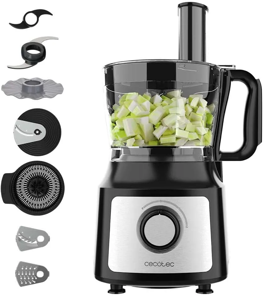 Bild von Cecotec Comino 1000 Food Processor mit 1000 Watt, 2 Geschwindigkeiten, 2-Liter-Schüssel und 1,8-Liter-Krug, inklusive 3 Schneidscheiben, Hackmesser, Knetmesser und Entsafter