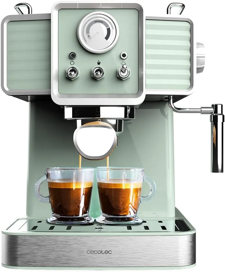 Bild von Cecotec Power Espresso 20 Kaffeemaschine in Light Green mit 1350 Watt, 20 Bar Druck, Thermoblock, Dampfdüse, Manometer und 1,5 Liter Kapazität im Vintage-Design