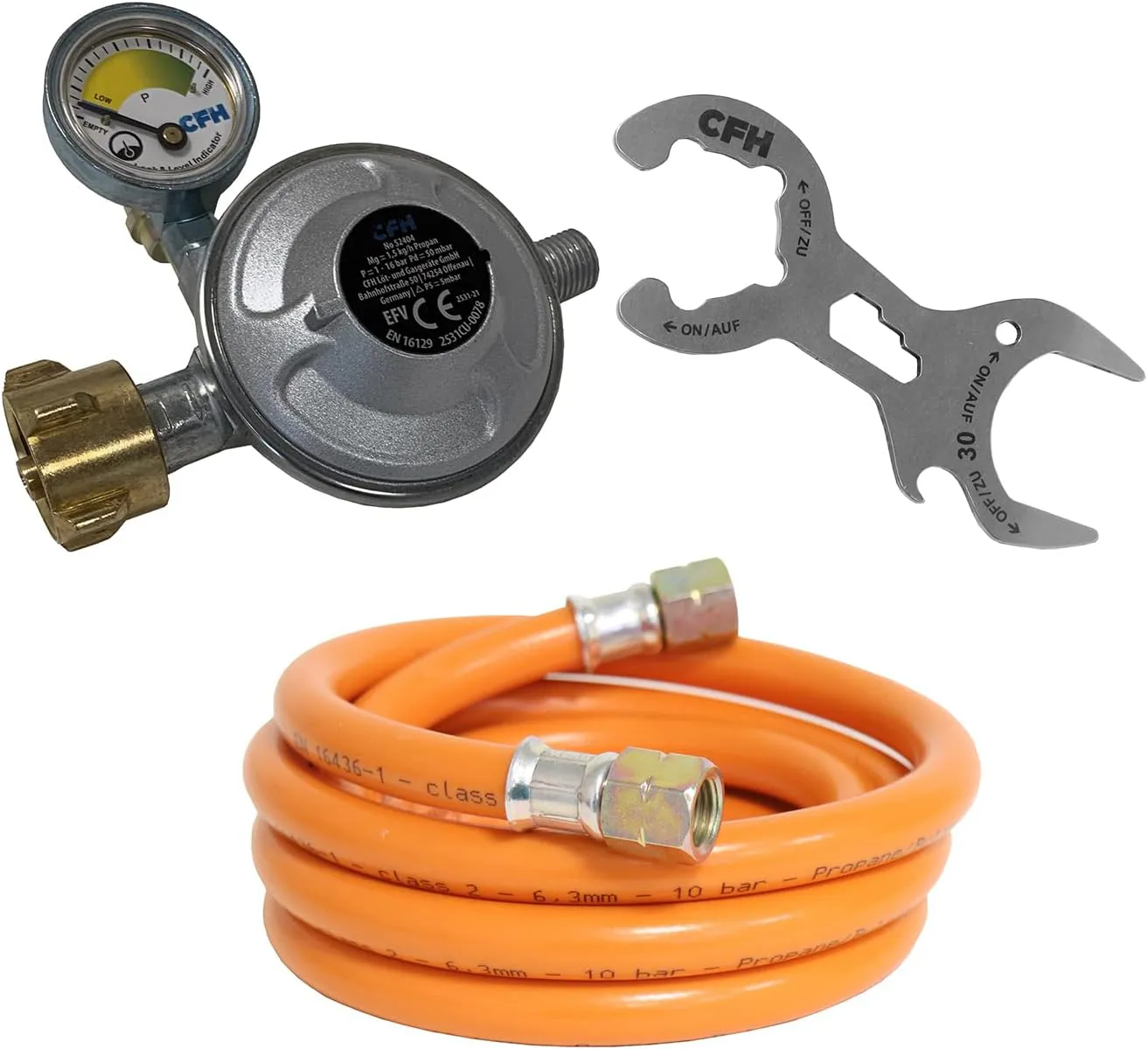 Bild von CFH 3-teiliges Camping- und Gasgrill Set mit Gasdruckregler, Manometer, 80 cm Gasschlauch und Gasflaschenschlüssel