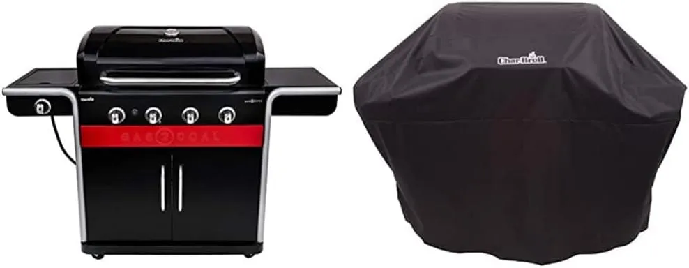 Bild von Char-Broil Gas2Coal 440 Hybrid Grill mit 4 Brennern und Seitenbrenner in Schwarz, inklusive Universal Wetterschutzhaube für 3 und 4 Brenner
