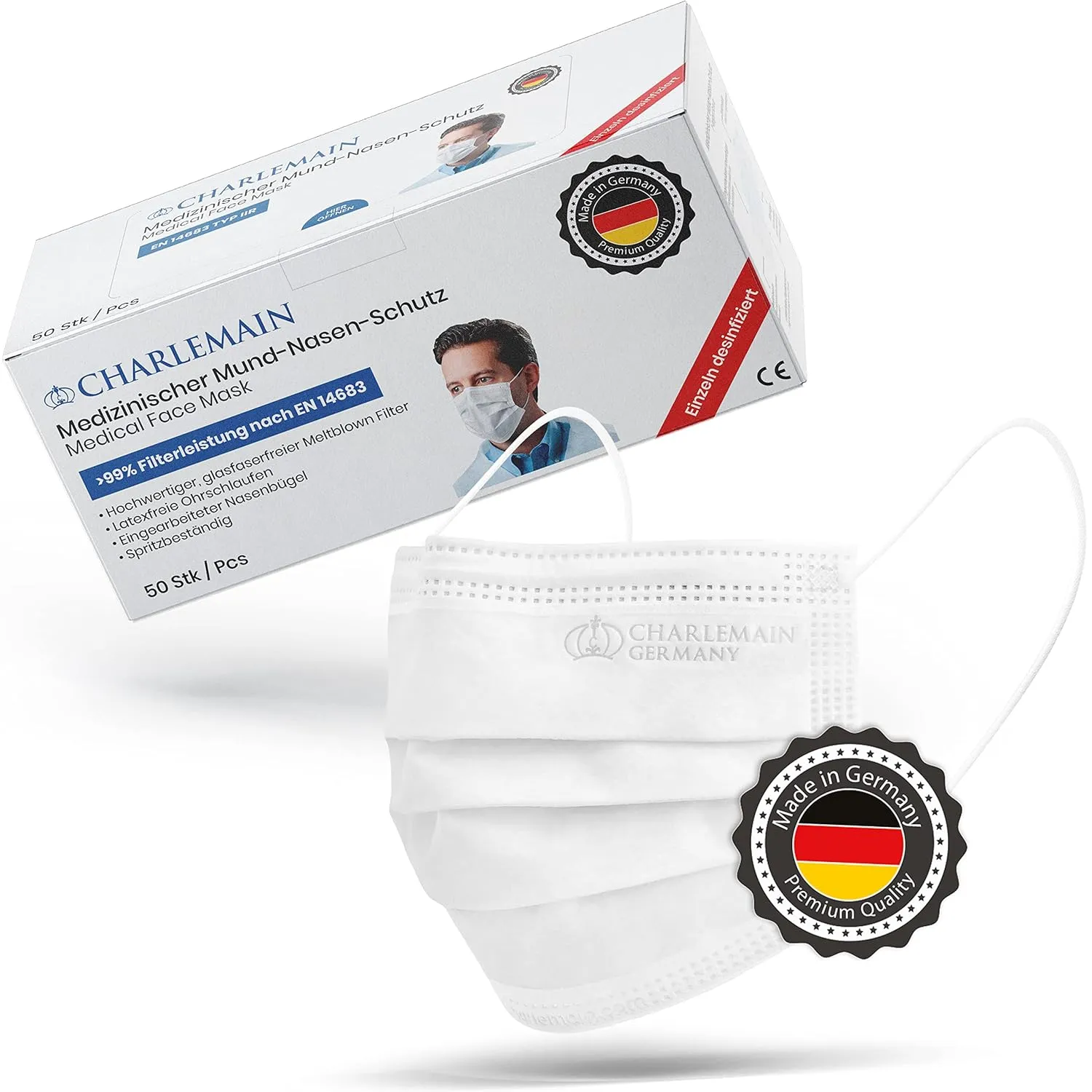 Bild von Charlemain 50 Stück medizinische OP Masken Typ IIR aus Deutschland, latexfrei, dreilagig, BFE über 99,9 Prozent, Einweg-Gesichtsmasken in Weiß