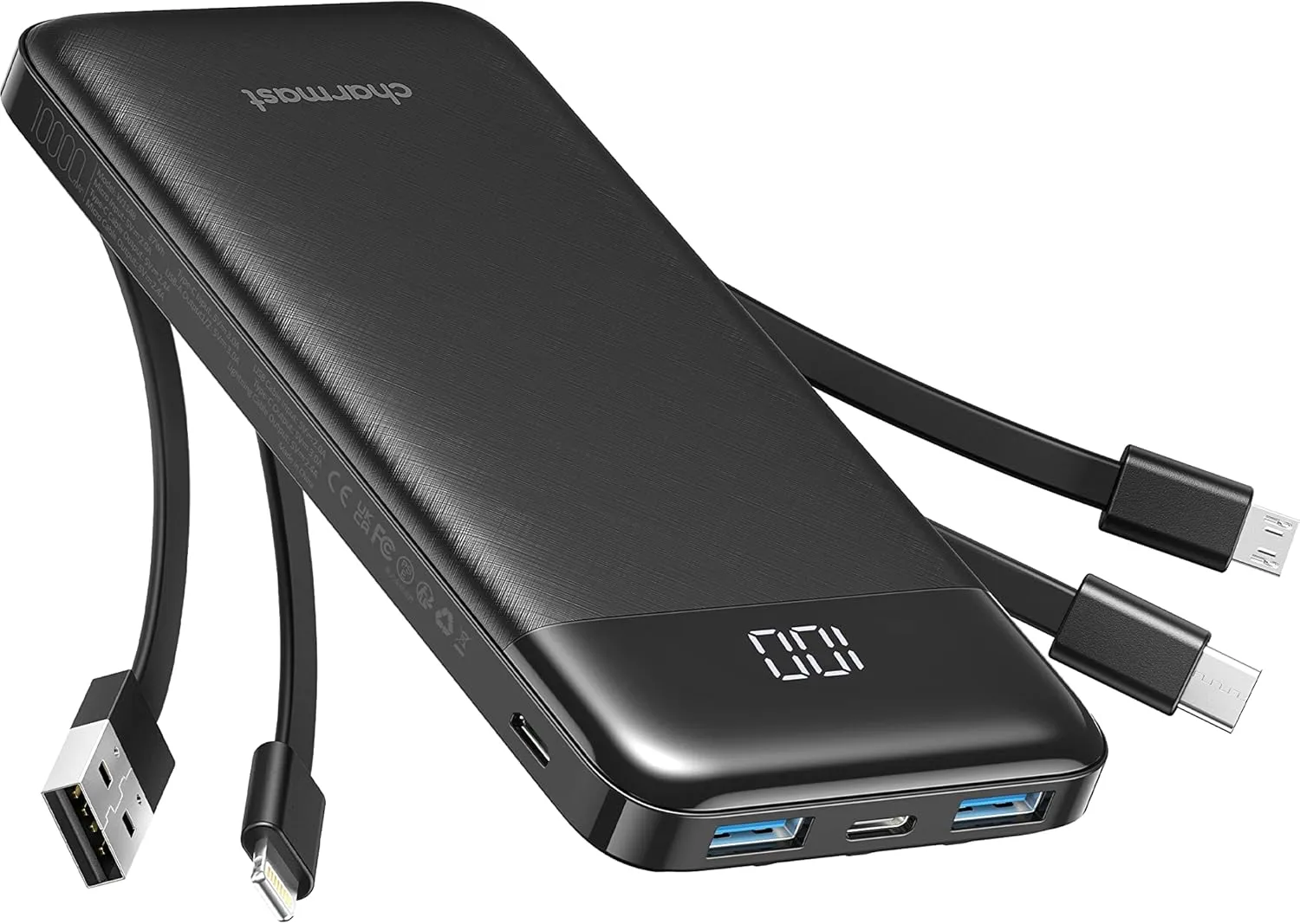 Bild von Charmast Slim Power Bank mit 10000mAh, USB-C Kabel, LED-Display und 6 Ausgängen, kompatibel mit iPhone, Huawei, Samsung und Tablets