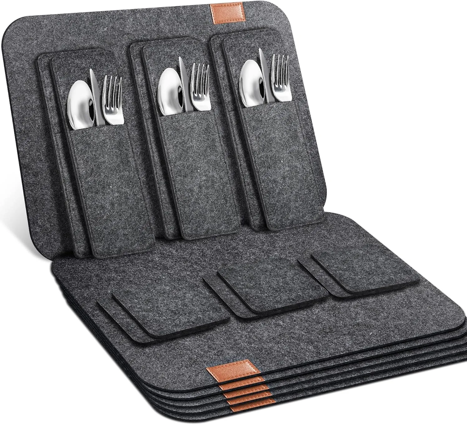 Bild von Cheerhom Tischset mit 6 abwaschbaren Platzsets, 6 Untersetzern und 6 Besteckhüllen für den vollständigen Schutz Ihres Esstisches